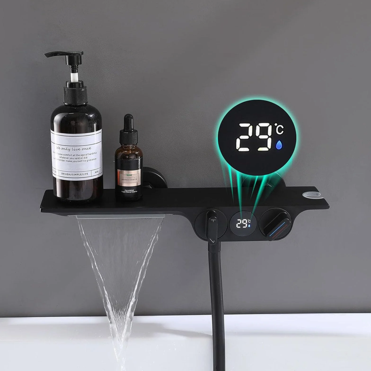 Bateria wannowa z wodospadem, bateria wannowa ścienna Mosiądz, bateria wannowa z prysznicem ręcznym, wyświetlacz temperatury, bateria prysznicowa w łazience,Black