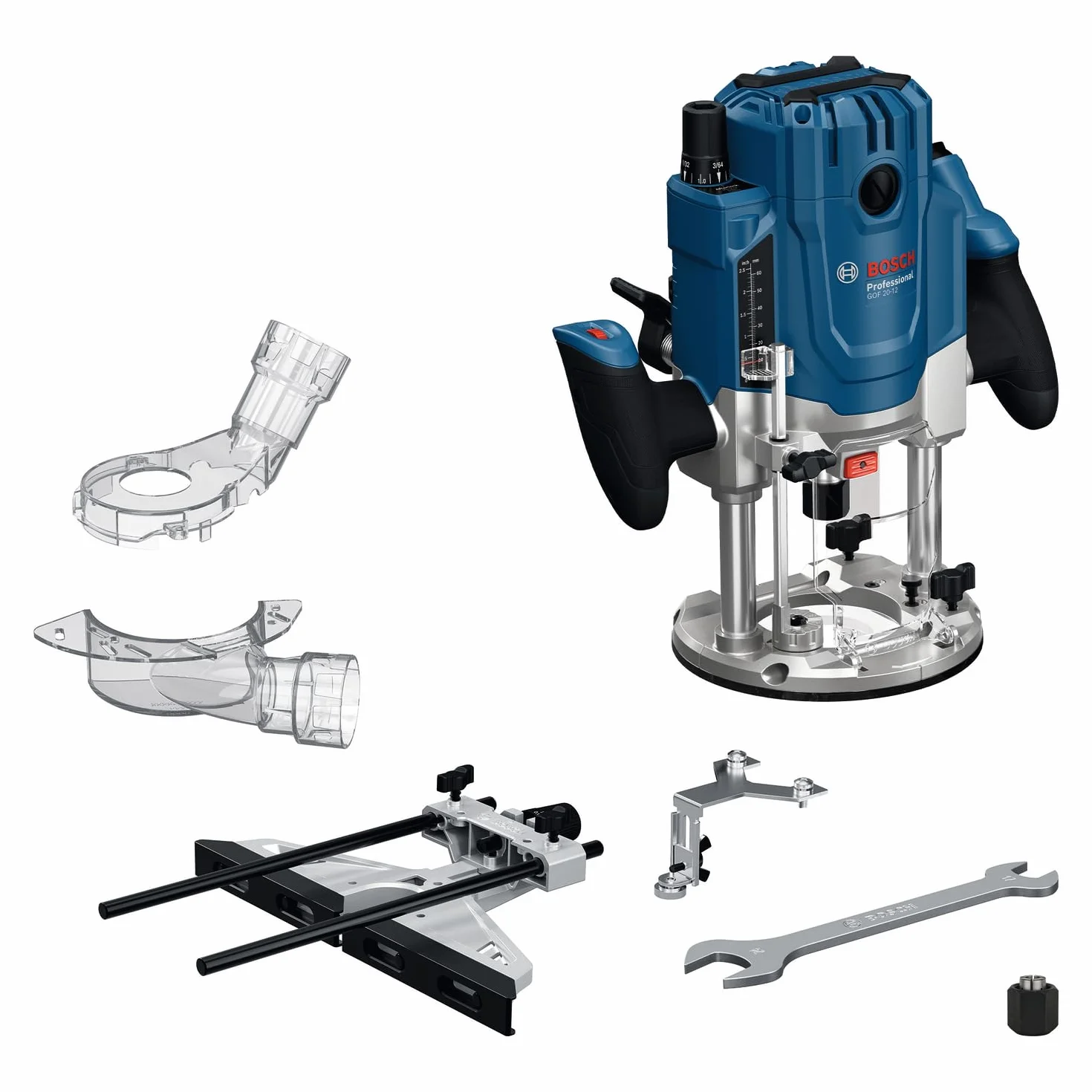 Bosch Professional Sieciowa frezarka górnowrzecionowa GOF 20-12 (moc nominalna 2 000 W, adapter do odsysania pyłu, prowadnica rolkowa i równoległa, zestaw tulei)