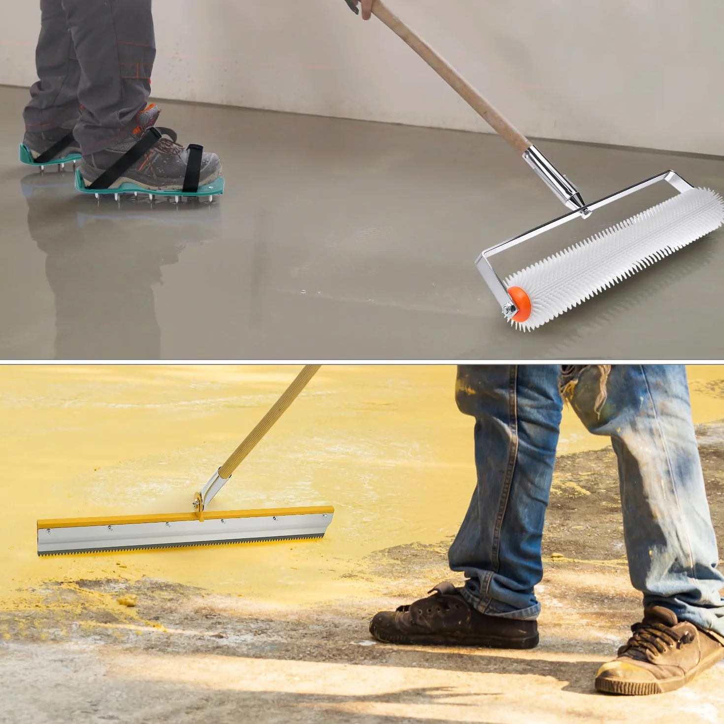 QWORK® Zestaw do podłóg, wałek odpowietrzający + nakładki epoksydowe z kolcami + ściągaczka stojąca ściągaczka do dużych powierzchni