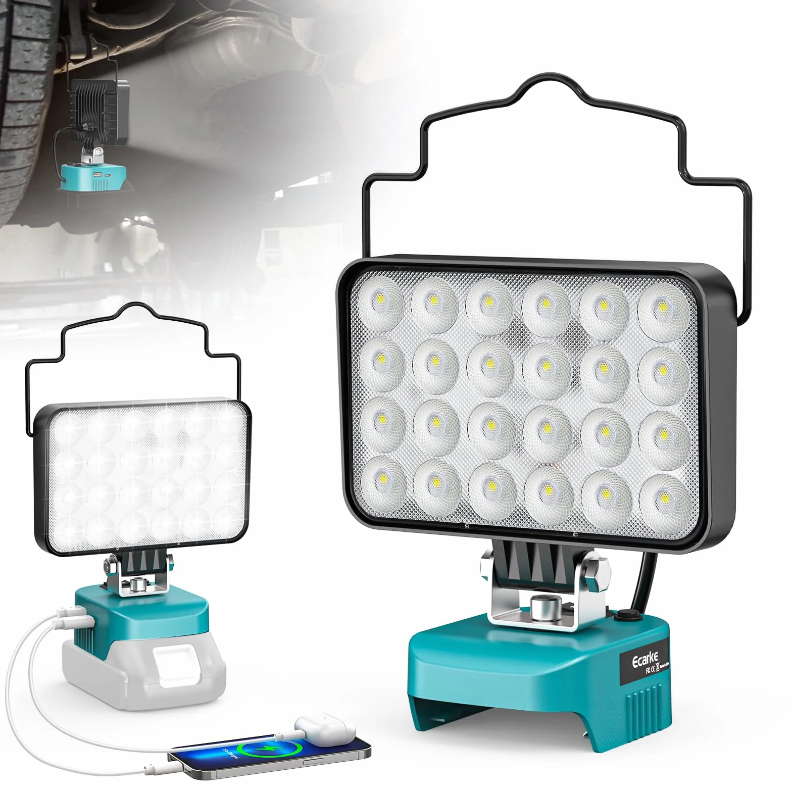 Ecarke Lampa akumulatorowa do Makita 18 V, przenośna, bezprzewodowa lampa robocza LED o mocy 78 W/7800 lm i 7500 K, akumulator z akumulatorem typu C i ładowaniem przez USB, idealna na plac budowy