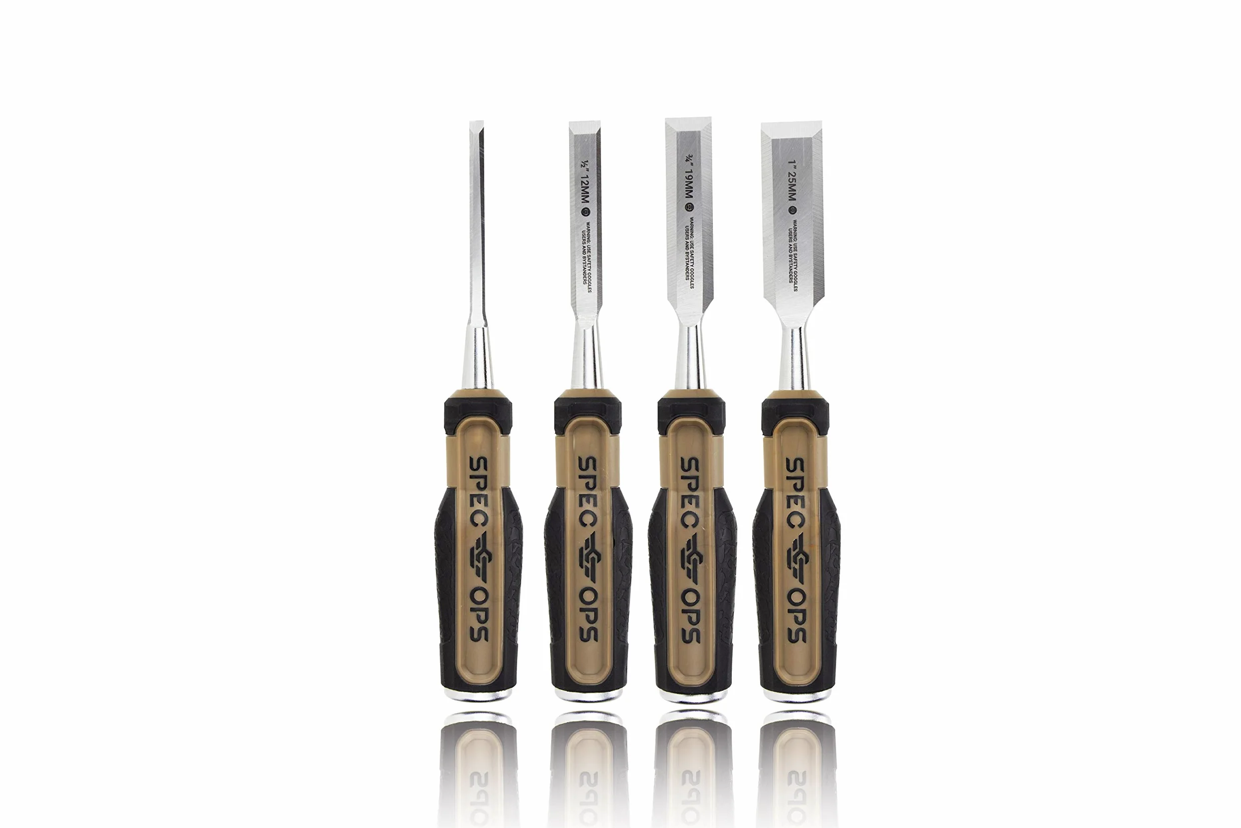 Spec Ops - SPEC-C1-4PK Tools zestaw dłut do drewna z ostrzami ze stali wysokowęglowej, uchwyt amortyzujący wstrząsy, 4-częściowy, czarny/jasnobrązowy