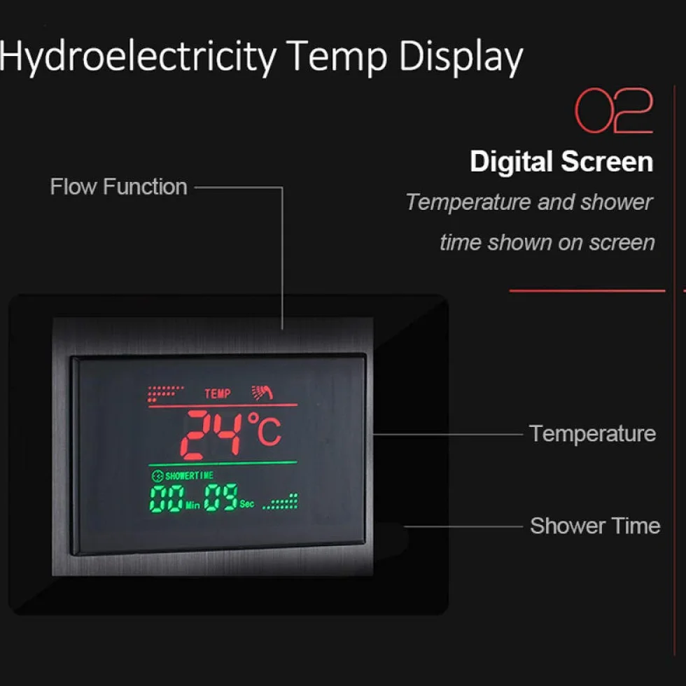 Czarny hydroelektryczność LED deszcz wodospad prysznic panel masaż spa dysze LCD cyfrowy wyświetlacz system prysznicowy kolumna prysznicowa