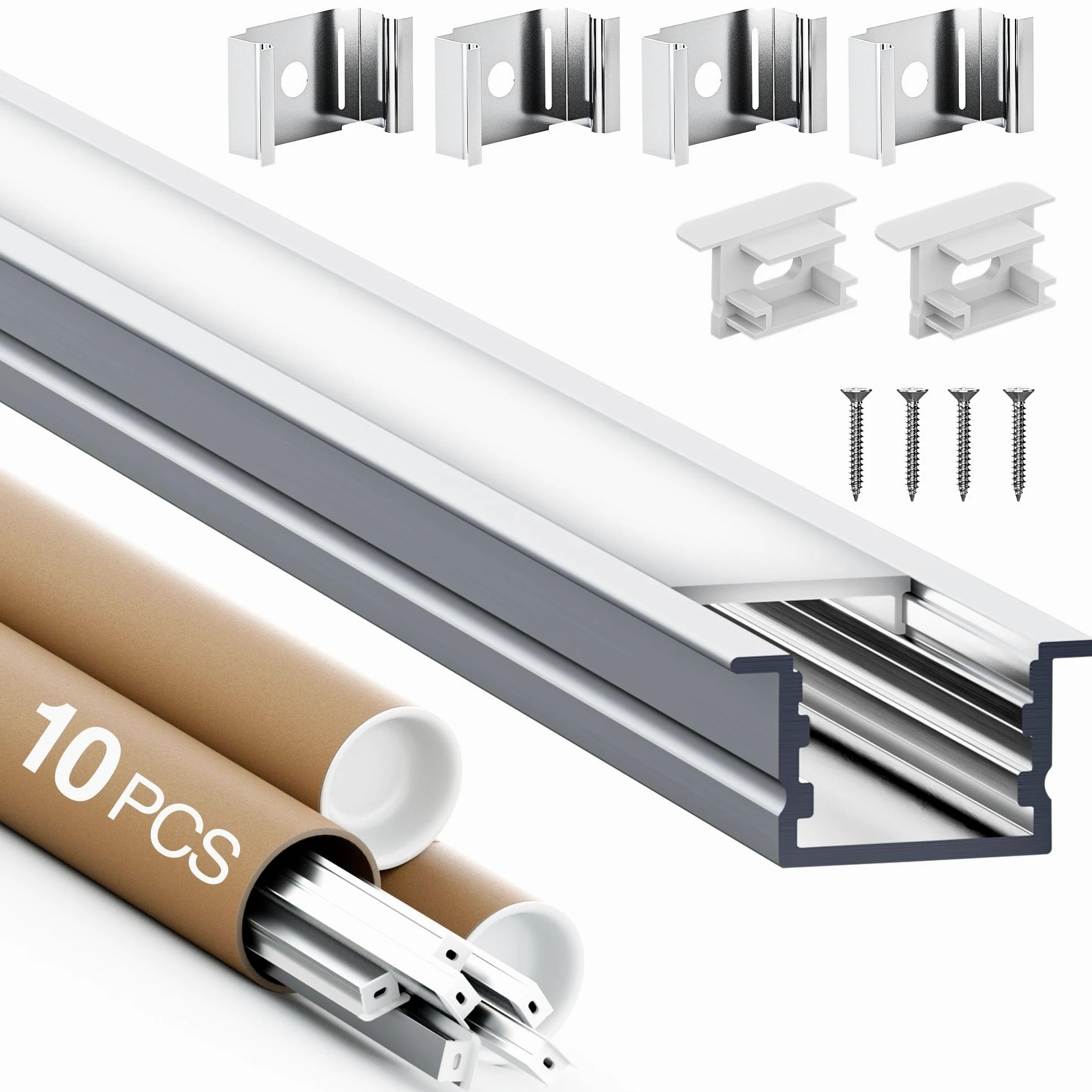 Profil aluminiowy LED, 2 m x 10 (20 m), profil aluminiowy do taśm LED do 15 mm – profil LED z mlecznym dyfuzorem, zaślepkami, śrubami i materiałami montażowymi, 2000 x 27,2 x 15 mm