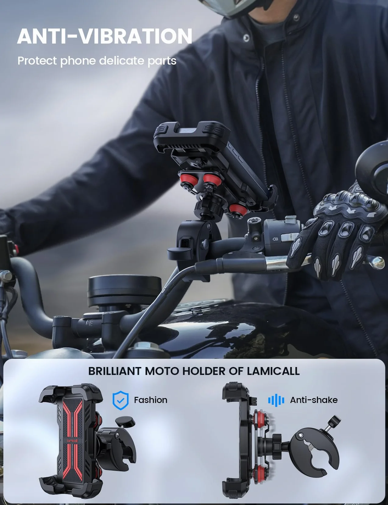 Lamicall Uchwyt na telefon do motocykla z podwójną antywstrząsową dla iPhone 16 15 14 13 12 Pro Max Plus Mini Samsung 4,7-6,7" Czerwony