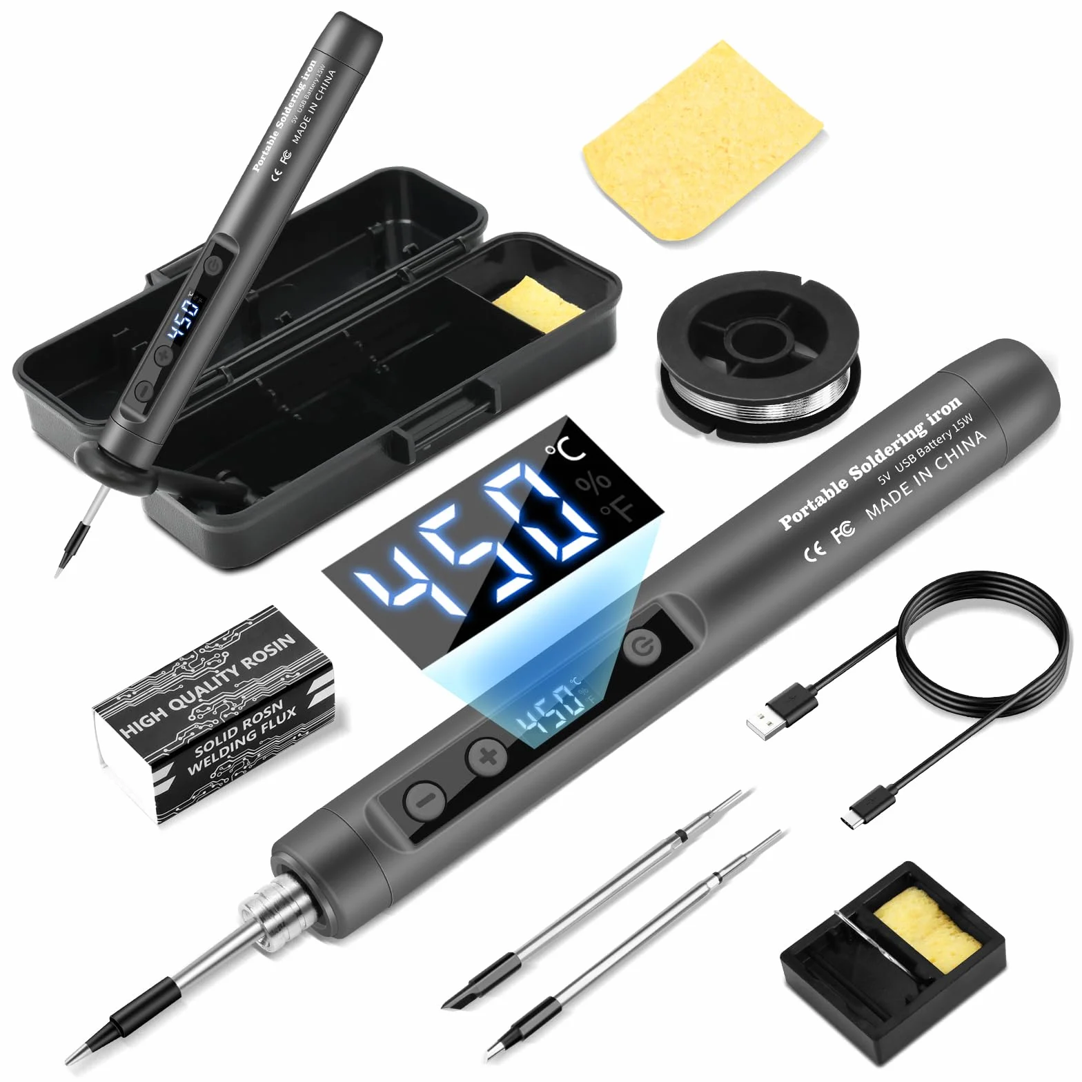 Zestaw lutownicy z podstawką, przenośna bezprzewodowa lutownica z LCD, regulowana temperatura 180-450°C, 3 końcówki lutownicze, do naprawy płytek drukowanych, naprawy spawania, szara
