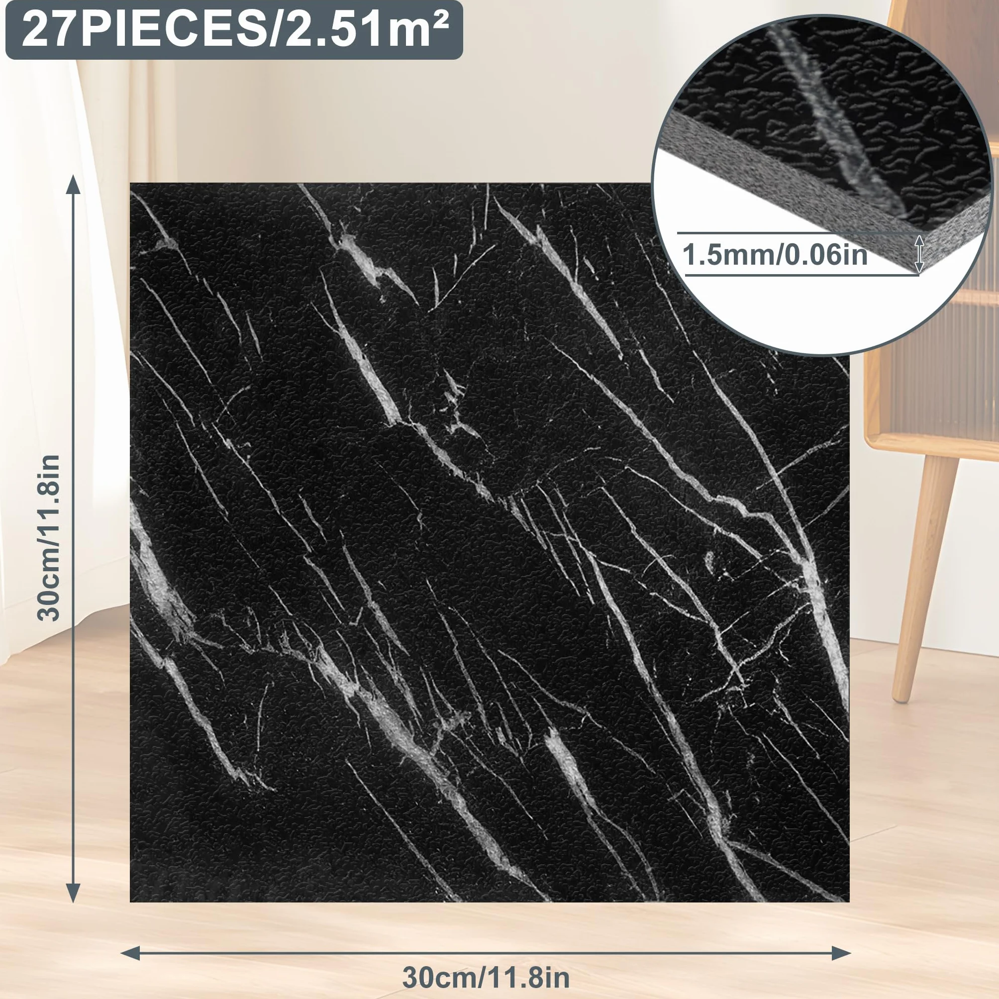 FIVMEN Wykładzina podłogowa z PCW 30 x 30 cm, 27 sztuk podłóg samoprzylepnych, samoprzylepnych, płytek podłogowych, wodoodporna, antypoślizgowa, do salonu, kuchni, łazienki (7211-1, 2,5㎡)