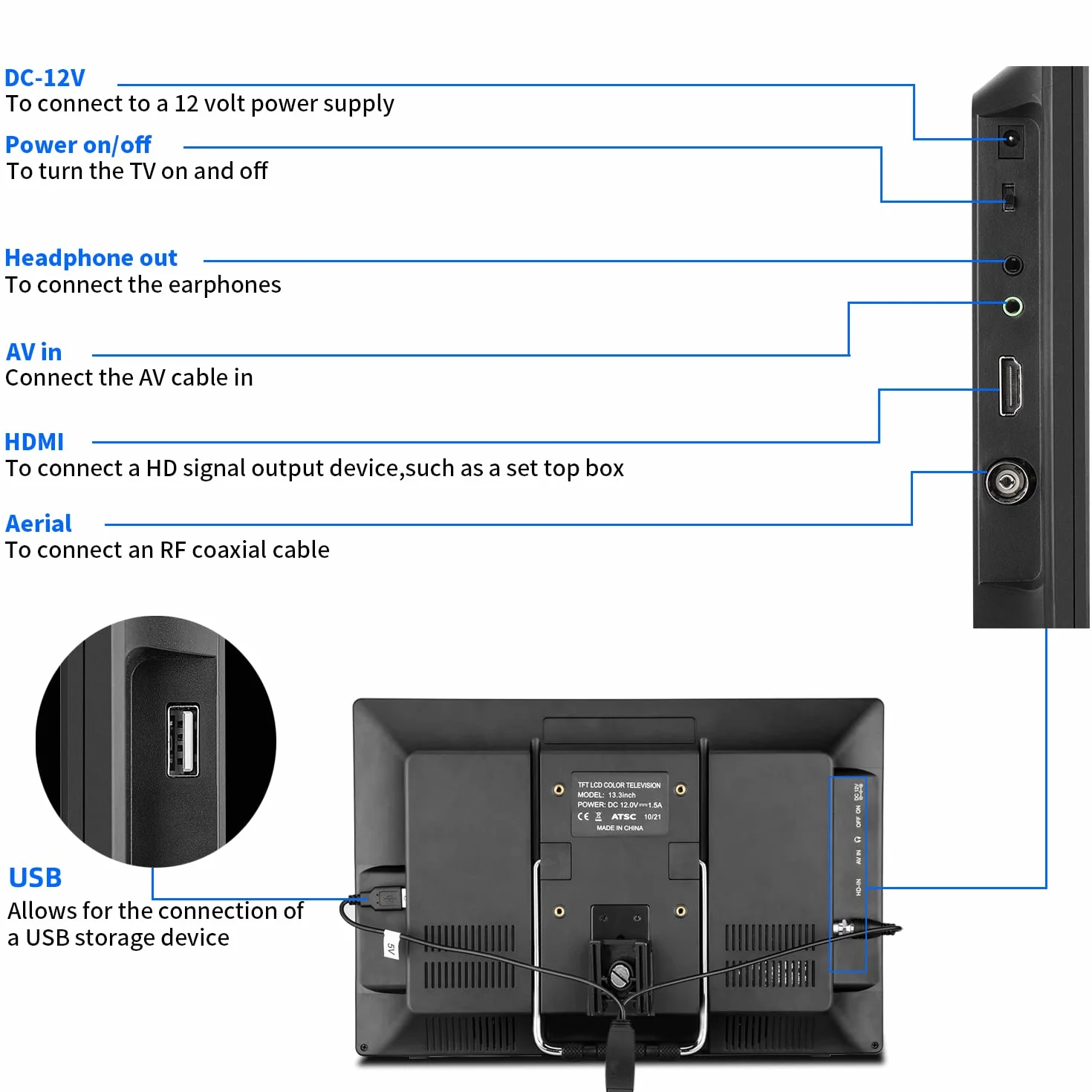 Przenośny telewizor cyfrowy 14-calowy LCD DVB-T2 Freeview USB HDMI