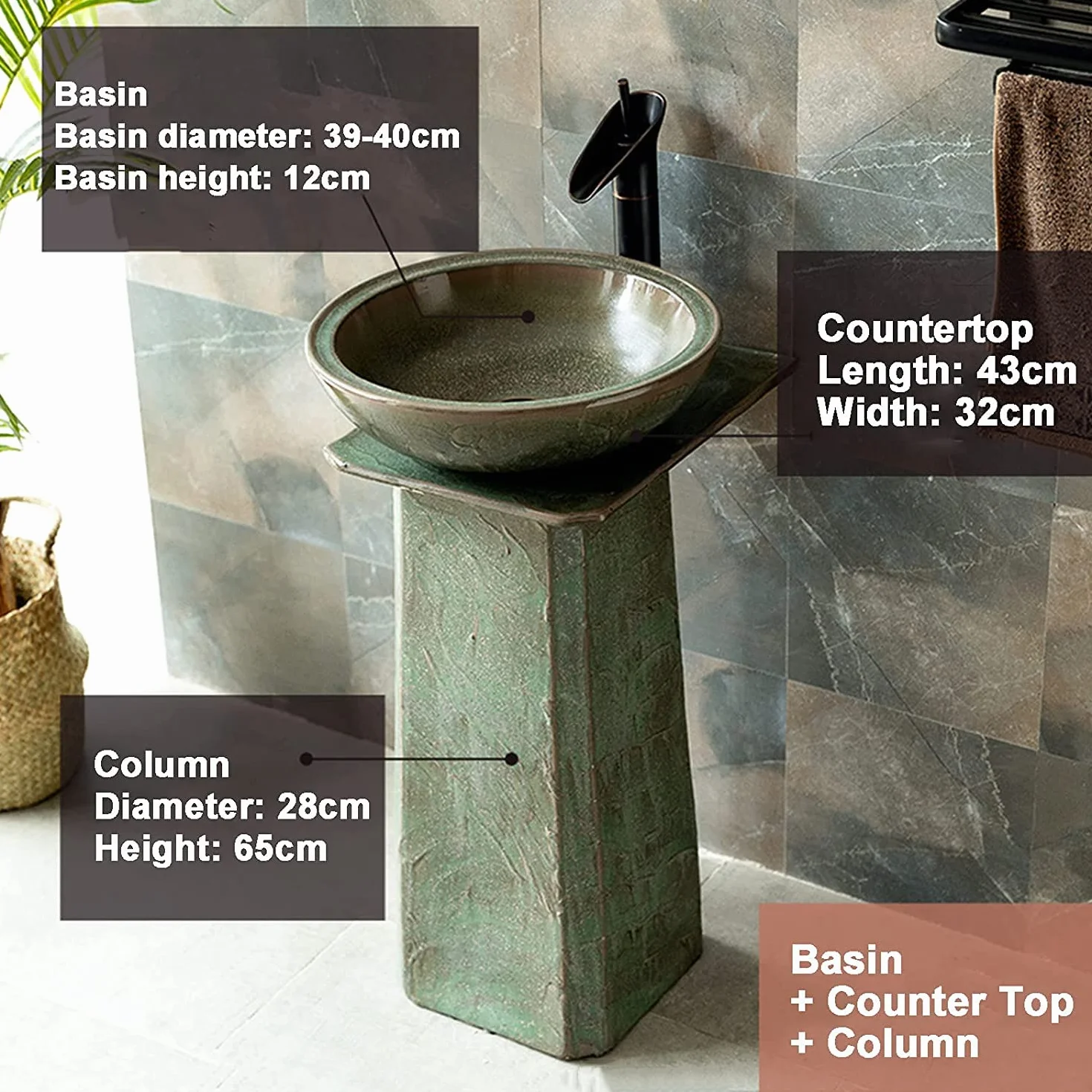 Ceramiczna Umywalka W Stylu Retro Do Użytku Na Zewnątrz, Ceramiczna Kolumna W Stylu Z Baterią I Odpływem, Umywalka Stojąca Na Podłodze, Na Balkon I Do Wewnątrz