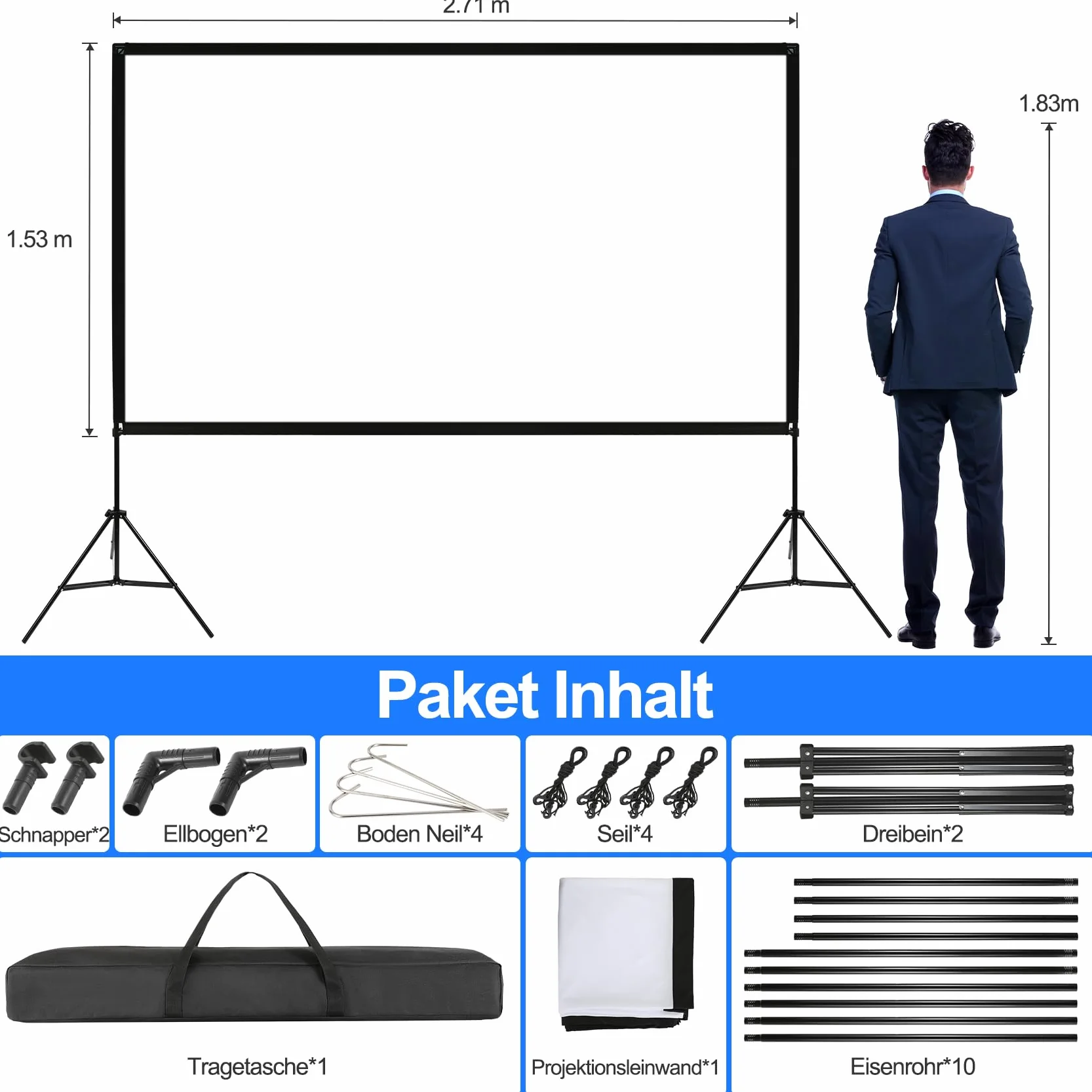 VISULAPEX Ekran projekcyjny 120" składany 4K HD 16:9 stojący z podstawką i torbą