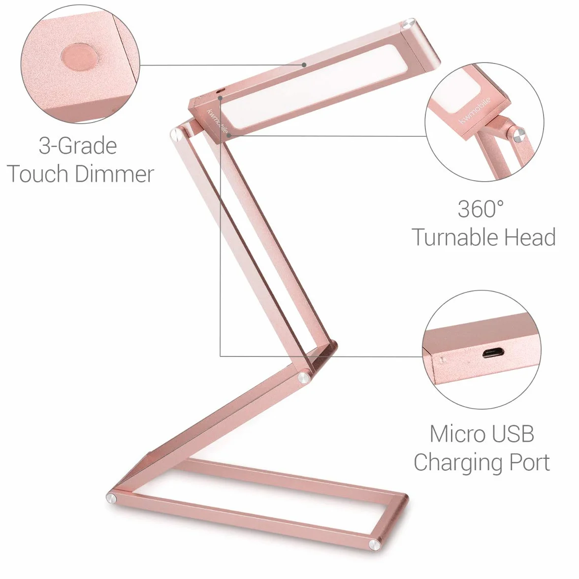 kwmobile Aluminiowa lampa stołowa LED z obrotową głowicą – akumulatorowa, składana, micro USB, różowe złoto