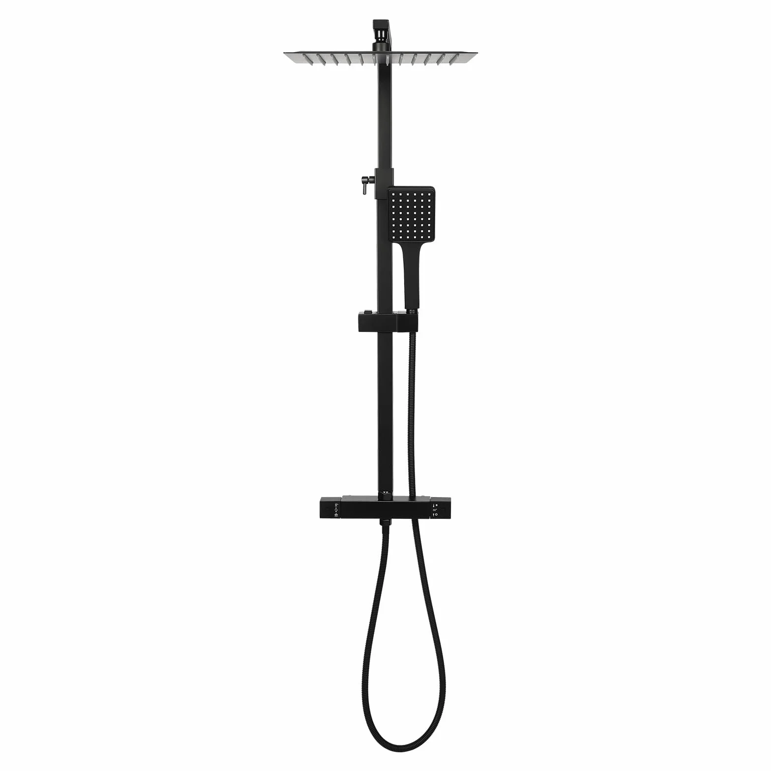 Termostat obracany o 360°, montaż ścienny, system prysznicowy, czarny, deszczownica 30 x 30 cm i słuchawka prysznicowa, ochrona przed oparzeniem 38°C, zawór ceramiczny, regulacja wysokości 70-105 cm