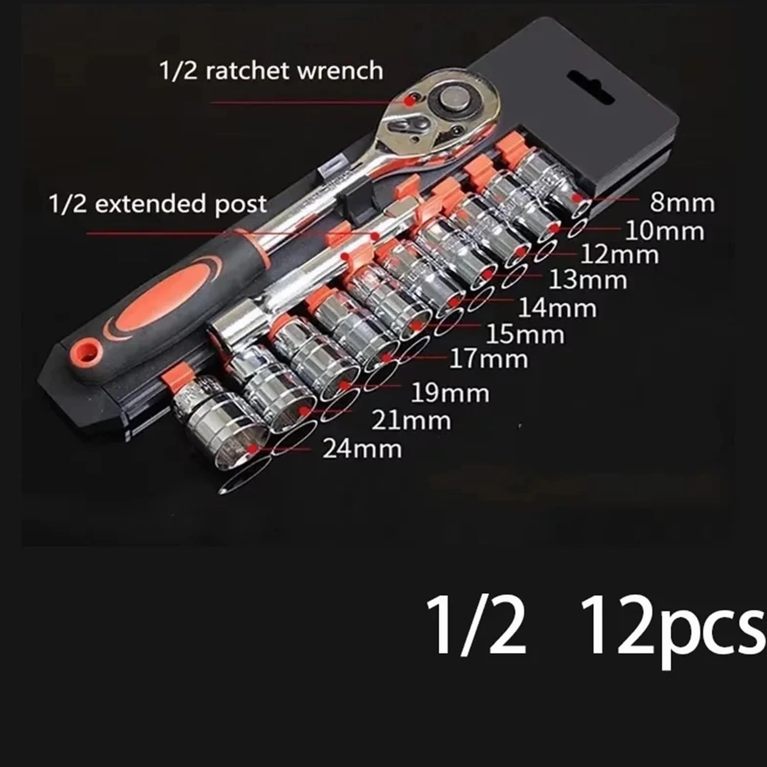 Autotrimgereedschap Zestaw 12 narzędzi samochodowych nasadowych, klucz grzechotkowy 1/4" z grzechotką, narzędzia konserwacyjne, sześciokątne(1-2inch 12pc set)