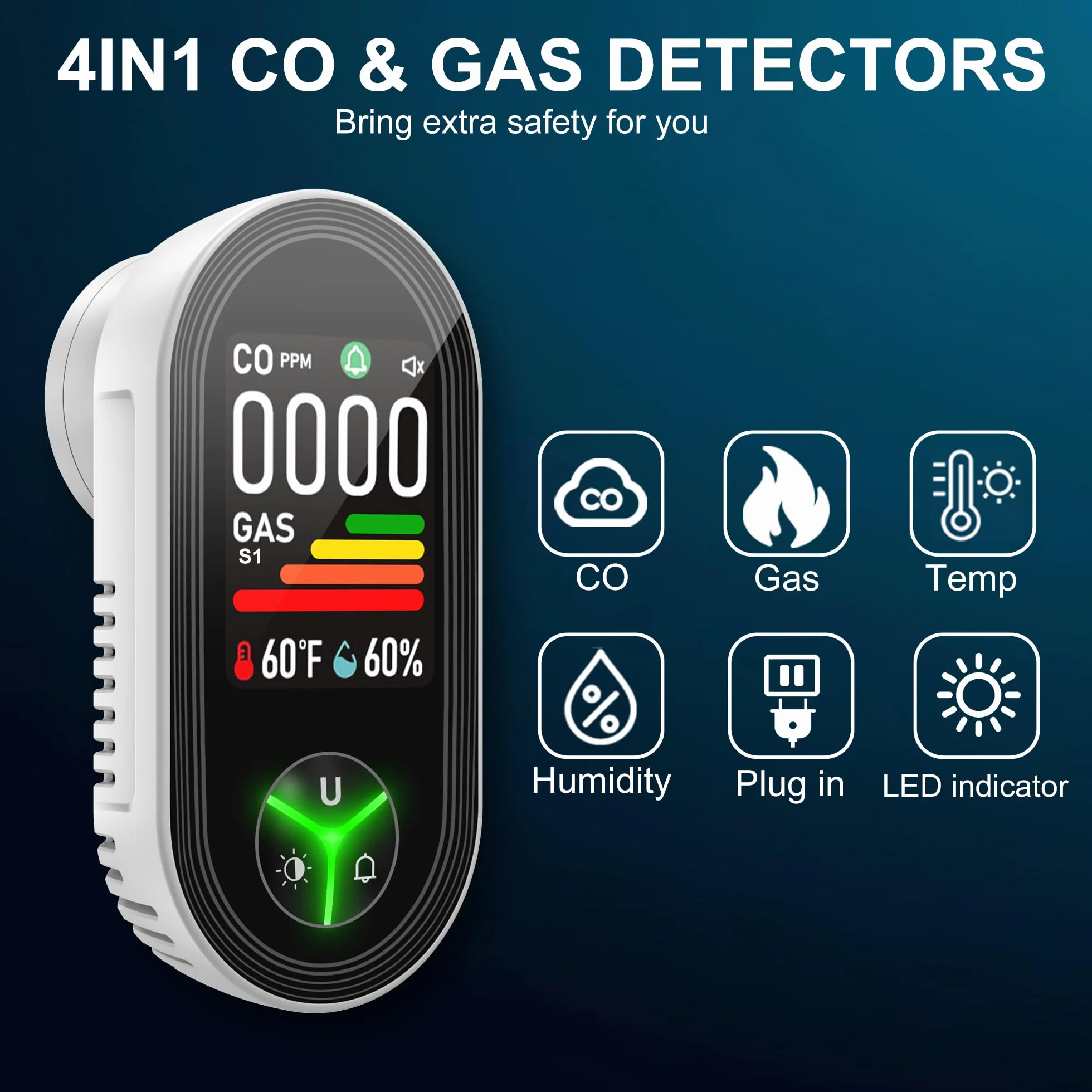 4in1 Plug-in Alarm gazu ziemnego i detektory tlenku węgla Połączenie Wbudowany ulepszony CO/gaz palny/propan/metan/czujnik temperatury i wilgotności dla pokoju domowego Kuchnia