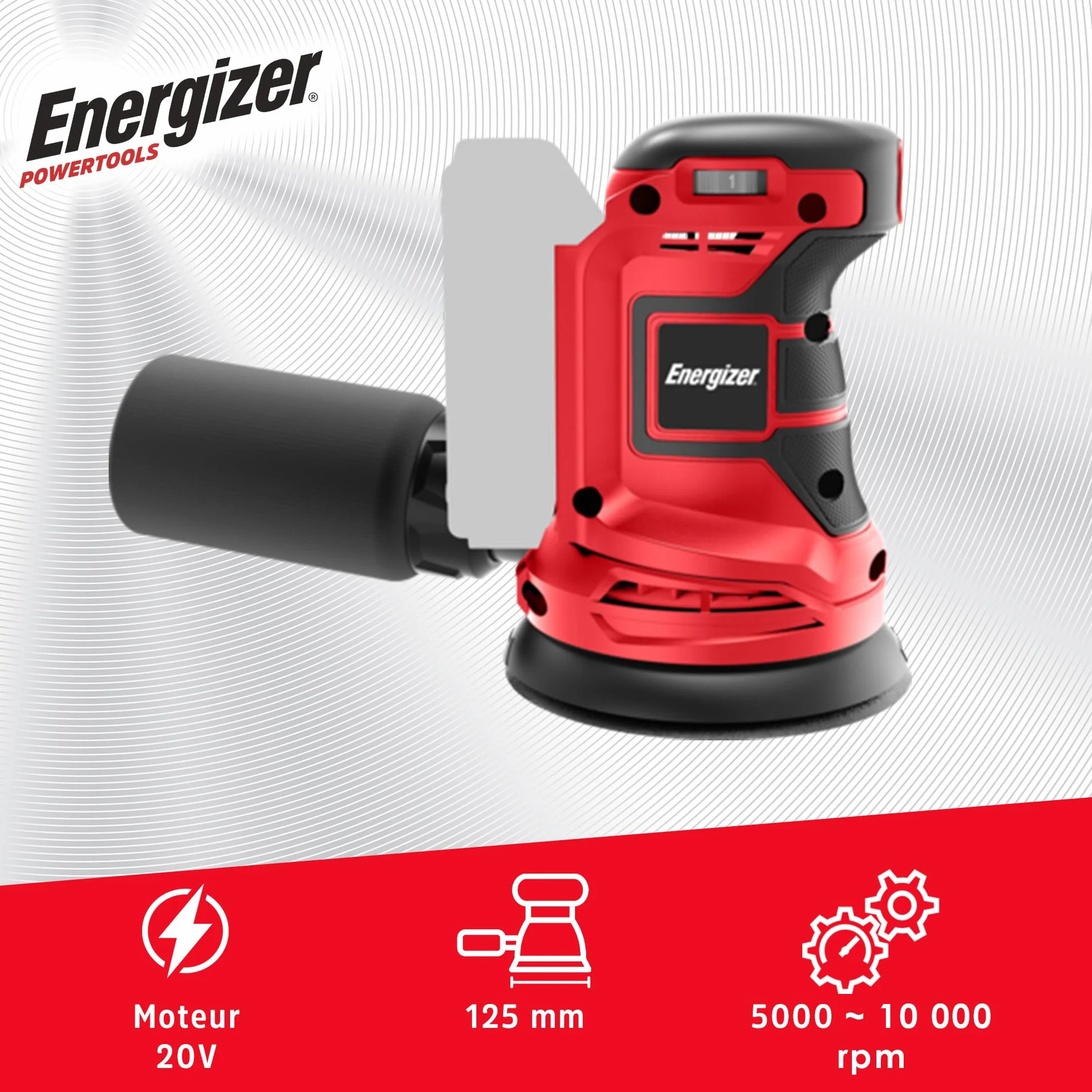 Energizer Bezprzewodowa szlifierka tarczowa 20 V, 10000 obr./min, 6 regulowanych prędkości - samozaciskowa taca 125 mm, torba kolekcjonerska, 10 dysków w zestawie - w zestawie 2 baterie 20 V 2 AH +
