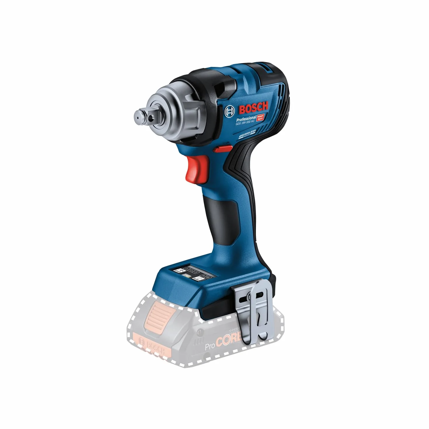 Bosch Professional system 18V: akumulatorowy klucz udarowy GDS 18V-330 HC (moment dokręcania 330 Nm i moment zrywający 560 Nm, 3 ustawienia prędkości obrotowej/momentu obrotowego)
