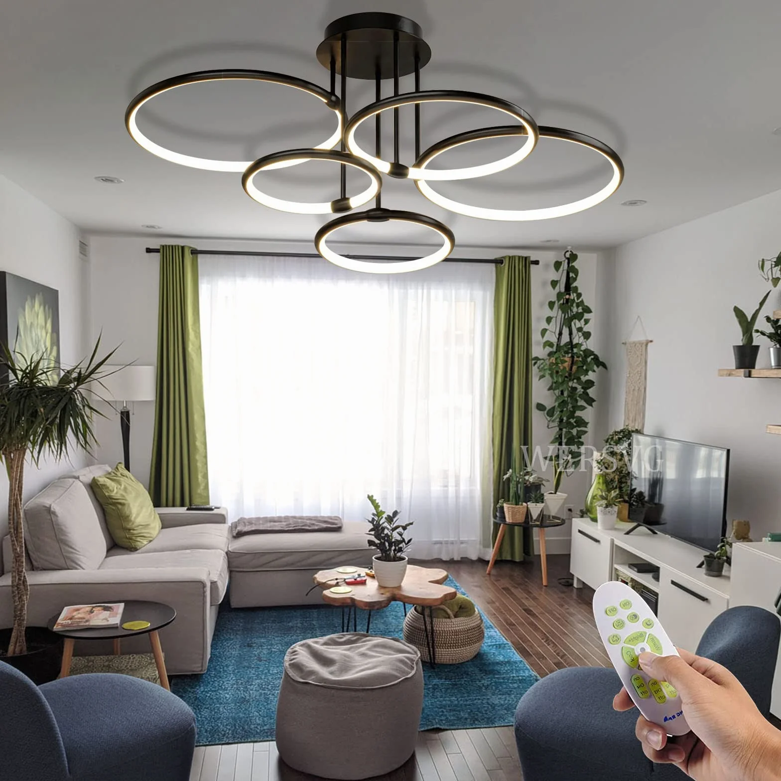 Lampa sufitowa LED Lampa do salonu Kreatywność Pierścień Lampa sufitowa Kolor światła i jasność Regulowana za pomocą pilota Żyrandol do sypialni Metal Okrągły żyrandol sufitowy (czarny, Ø93cm/108W)