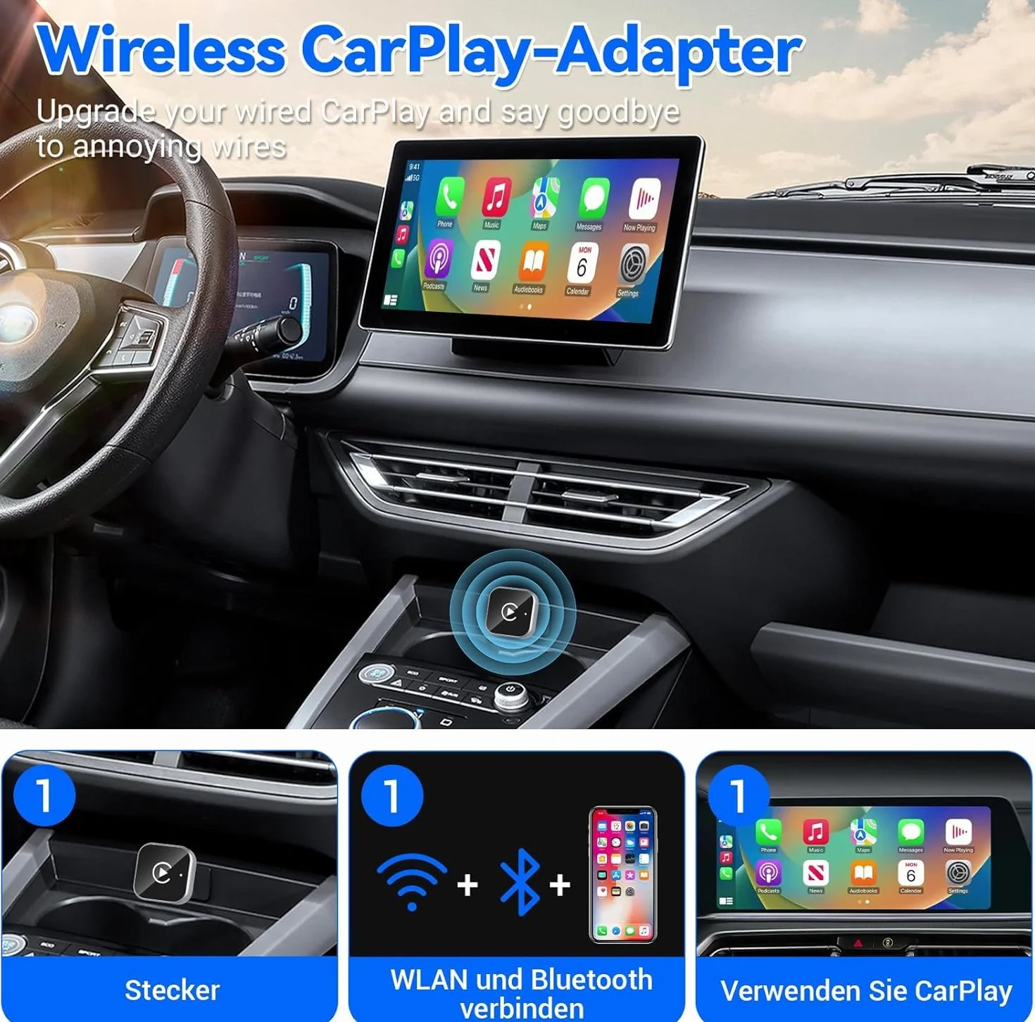 Bezprzewodowy adapter CarPlay – Ulepsz swoje CarPlay do wersji bezprzewodowej, mini USB do samochodów z przewodowym systemem Apple, Plug & Play, szybkie i stabilne połączenie dla iPhone