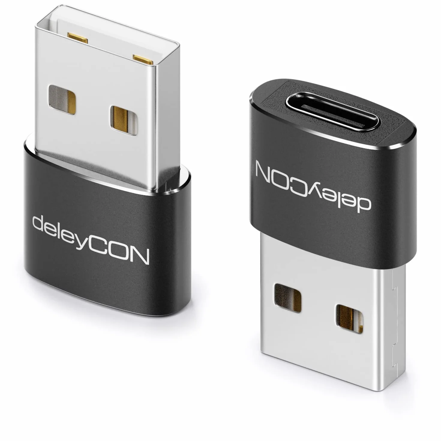 deleyCON Adapter USB C (2 Sztuki) Gniazdo USB-C do Wtyczki USB-A - do Ładowania Kabla Danych Ładowarka Power Bank - do iPhone 16 15, iPad, Airpods, Watch, Galaxy S25/S24, PC, Tablet, Notebook - Czarny