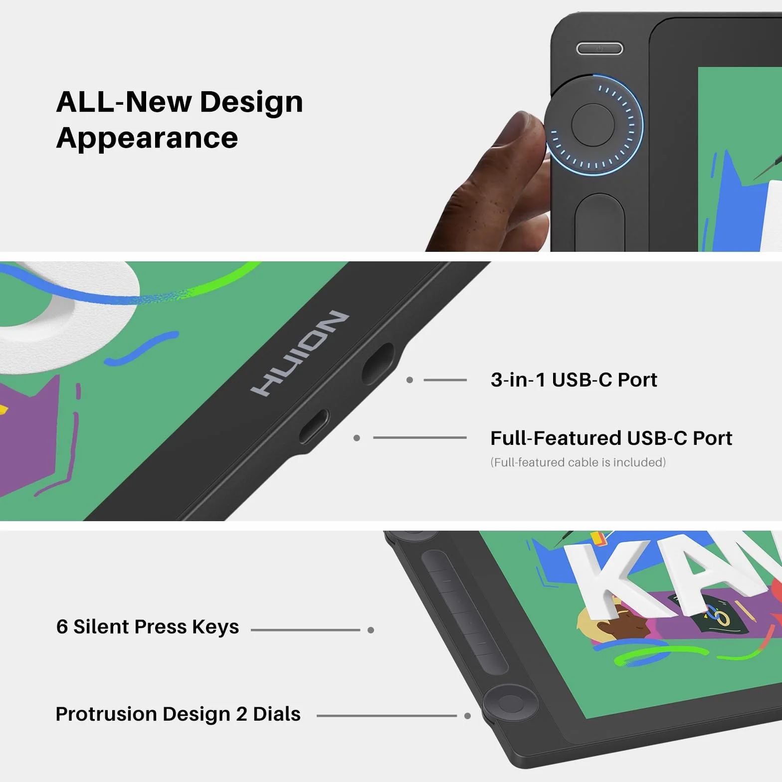 HUION KAMVAS 16 (Gen 3) tablet graficzny 15,6 cala QHD laminowany antyrefleksyjny 99% sRGB PenTech 4.0 16384 pióro podwójne tarcze