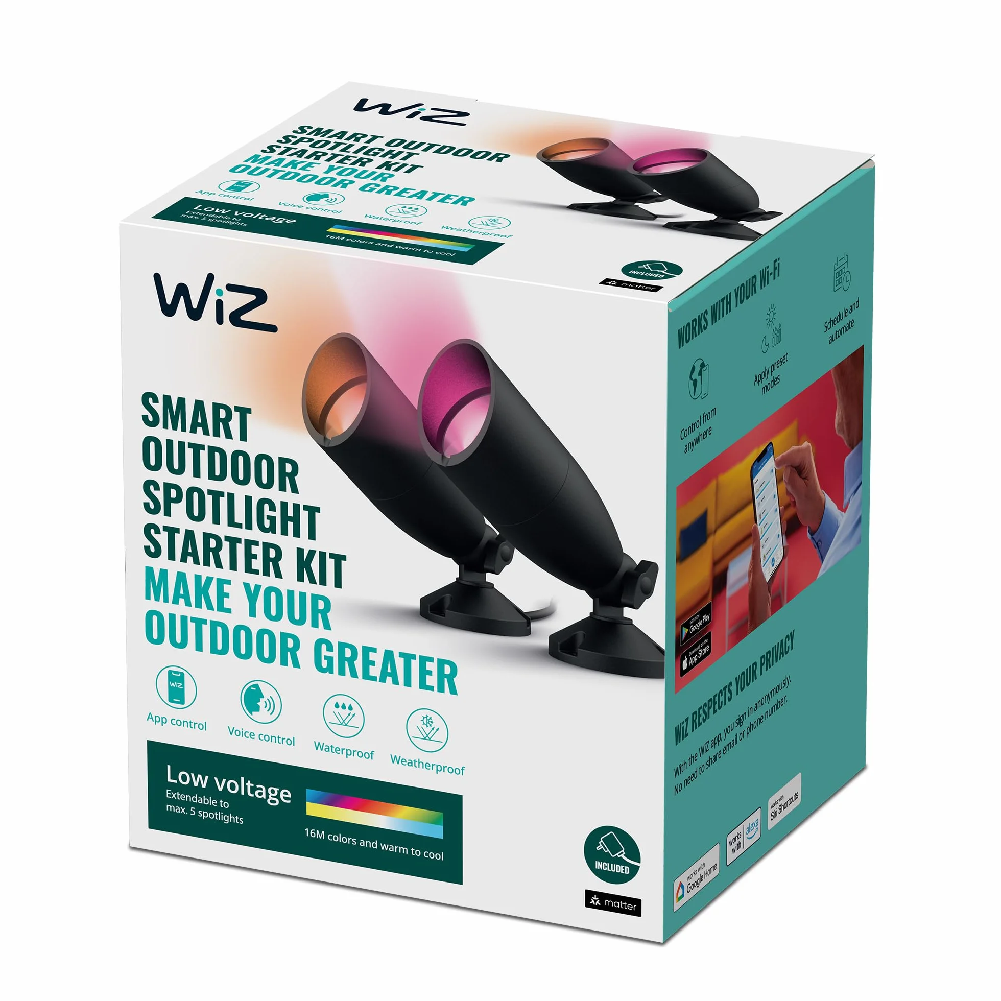 Philips Inteligentny Reflektor Ogrodowy, Zestaw Startowy z Zasilaczem, Wi-Fi, Bluetooth, Wiele Odcieni Bieli, Szeroka Paleta Kolorów, Sterowanie Aplikacją