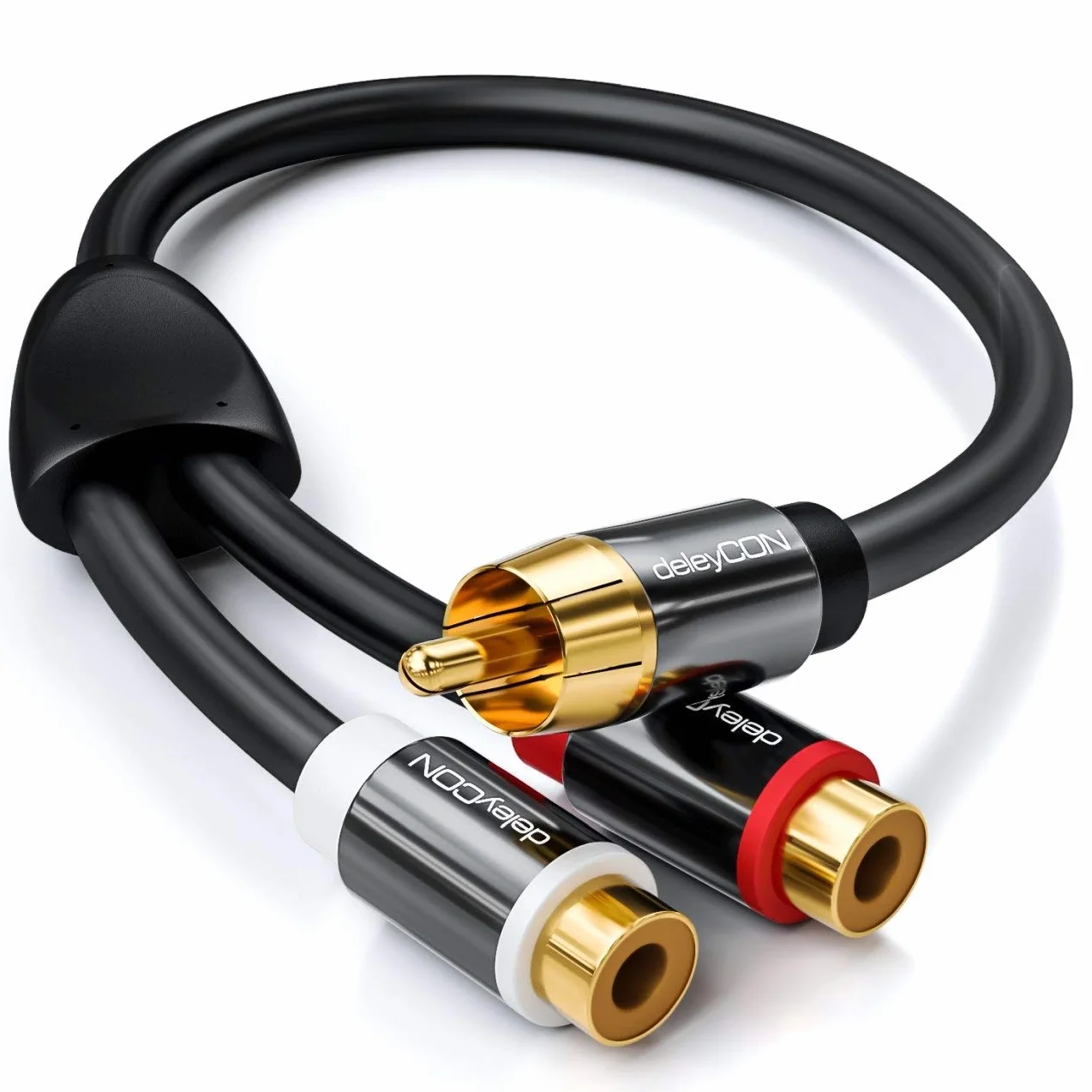 deleyCON 0,20m Kabel Audio AUX Cinch Y‑Adapter Przewód Rozdzielający do Subwoofera 1x Wtyk na 2x Gniazdo RCA Pozłacane Styki