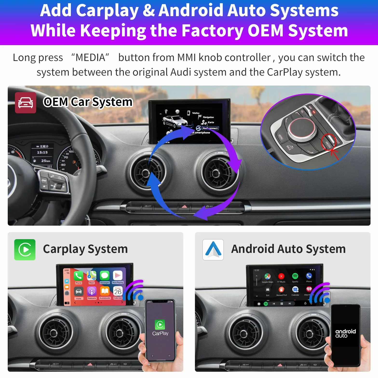 Road Top Bezprzewodowy Carplay Android Auto dla Audi A3 2013-2018 Rok, Dekoder zestawu modernizacyjnego Carplay, Obsługa Siri Mirror Link, Kamera wsteczna, Nawigacja