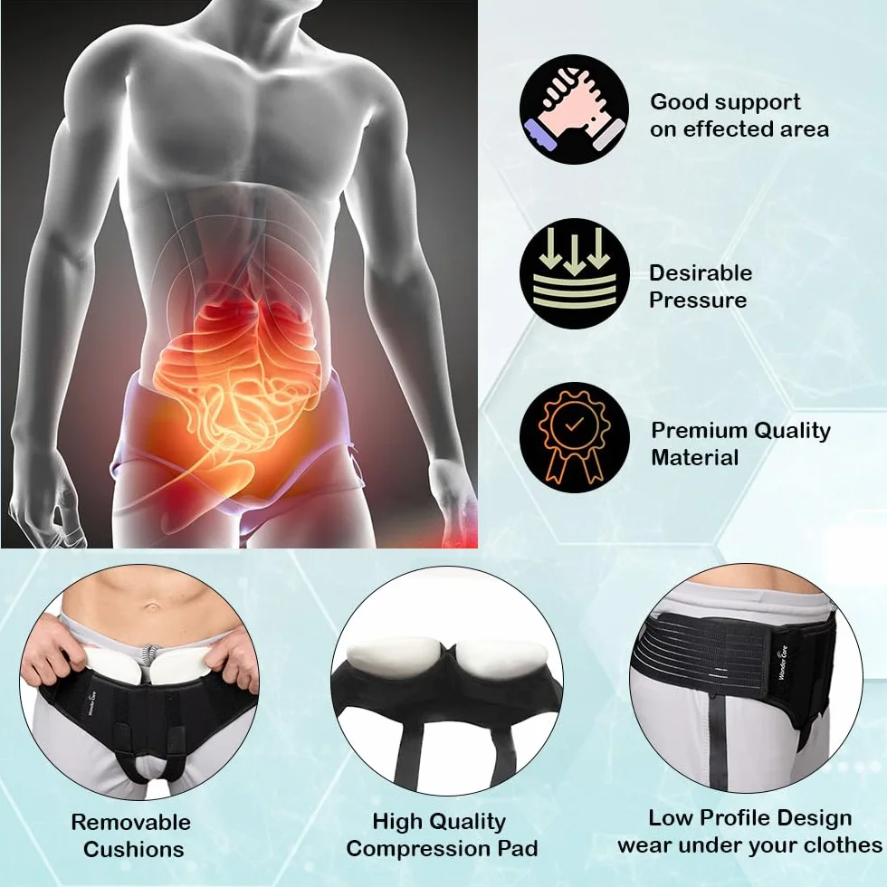 Wonder Care - Czarny kratownica na przepuklinę wewnętrzną do podwójnej przepukliny inowej lub sportowej z jednymi zdejmowanymi podkładkami kompresyjnymi i regulowanymi paskami pachwinowymi i odzyskiwaniem obrażeń A107 (dł. (96-99 cali)