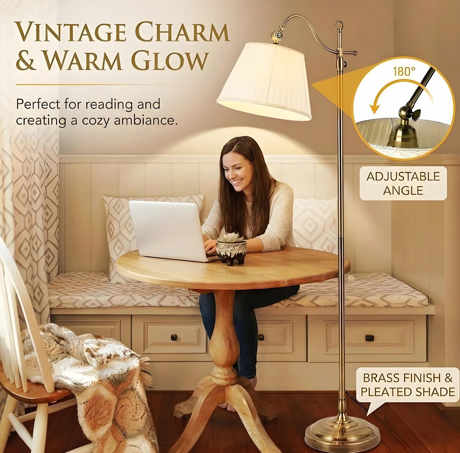 ACHNC Vintage lampa podłogowa LED na stojąco złota - lampka nocna i do czytania do salonu i sypialni - pionowa metalowa E27