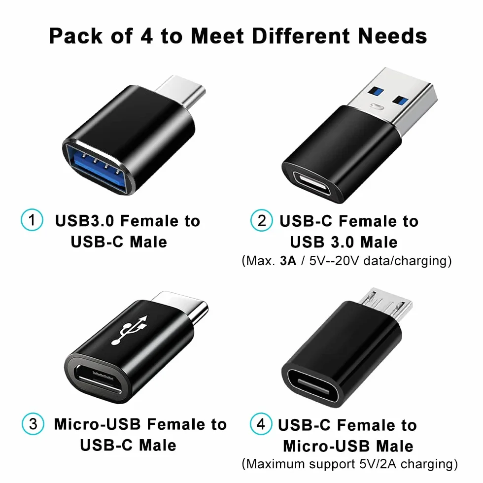 Adapter USB C 4 Sztuki, USB C na USB 3.0 OTG, Micro USB na USB Typu C, Kompatybilny z MacBook, iPhone 17/16/15, iPad, Samsung Galaxy S25 S24 S23 A56 A36 A16 A15