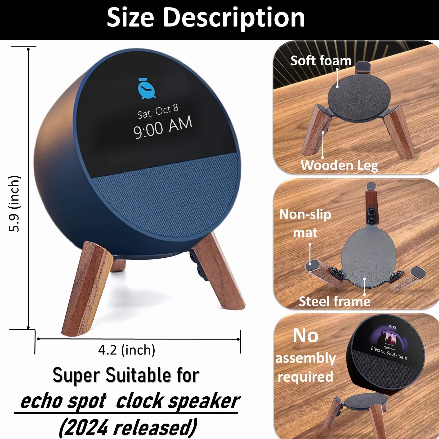 Drewniany stojak na Echo Spot 2024 inteligentny budzik uchwyt na statyw