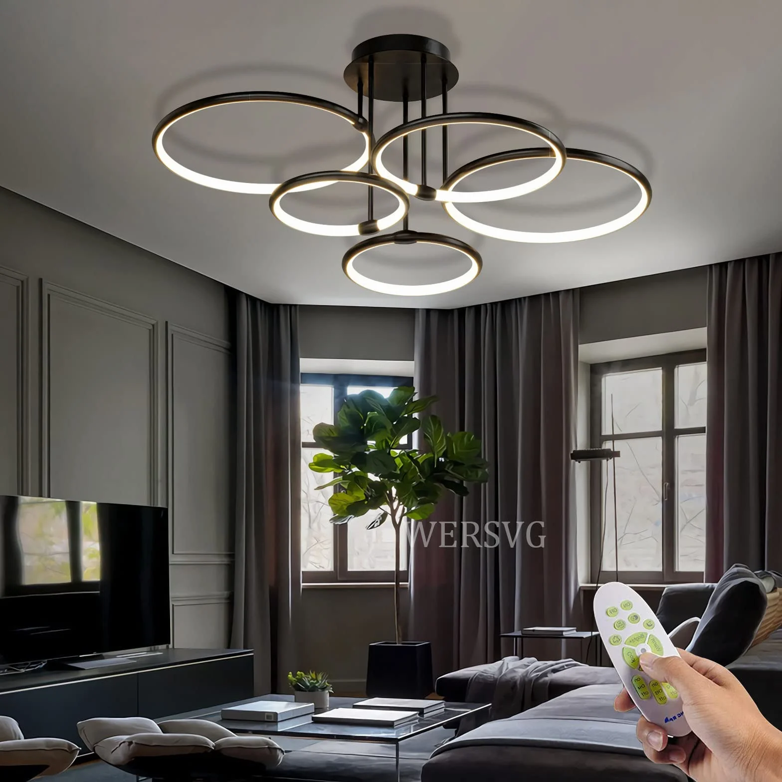 Lampa sufitowa LED Lampa do salonu Kreatywność Pierścień Lampa sufitowa Kolor światła i jasność Regulowana za pomocą pilota Żyrandol do sypialni Metal Okrągły żyrandol sufitowy (czarny, Ø93cm/108W)