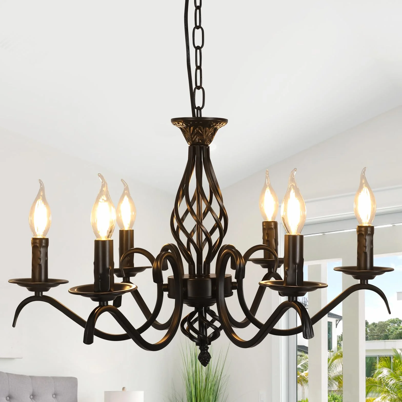Comely Nowoczesny Żyrandol Salonowy, 6 Głowic Czarna Wisząca Oprawa Vintage E14, Czarna Przemysłowa Metalowa Lampa Sufitowa Do Kuchni Sypialni Jadalni, 60CM