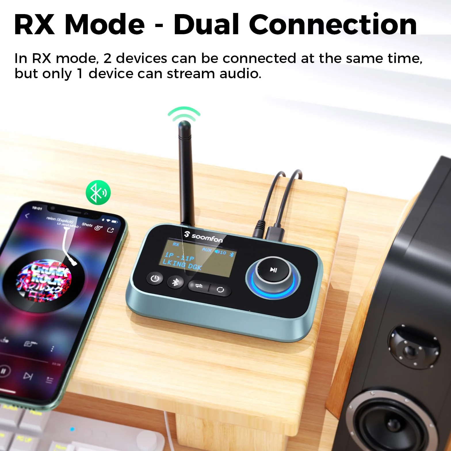 Adapter audio Bluetooth 5.0, SOOMFON Bluetooth nadajnik-odbiornik 3-w-1 do telewizora, stereo, słuchawek, głośników - nadajnik-odbiornik Bluetooth z ekranem, 3,5 mm Aux, RCA, kabel optyczny
