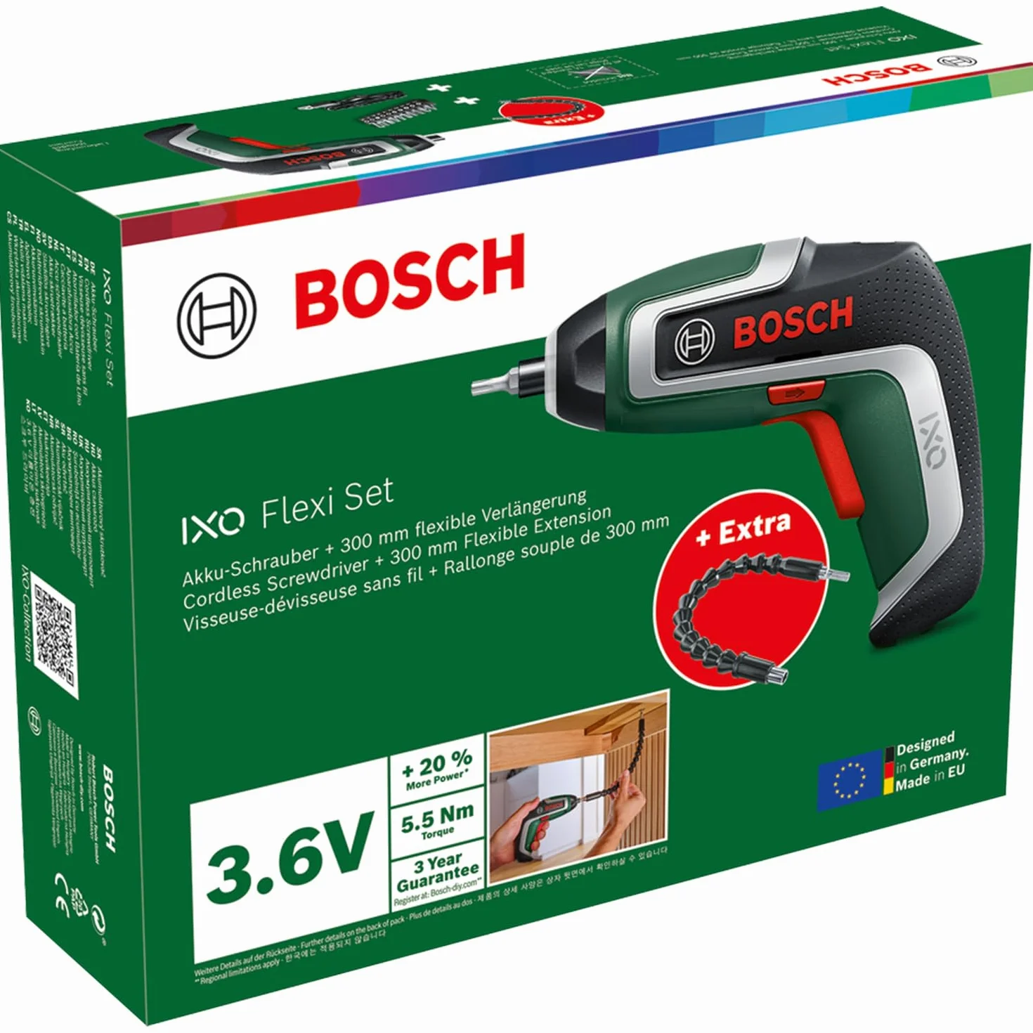 Bosch kompaktowa akumulatorowa wkrętarka IXO zestaw Flexi (elastyczne wkręcanie, 7. gen., 3,6 V / 2,0 Ah, wałek giętki i przewód USB, maks. wygięcie 180°, 10 końcówek wkr.)
