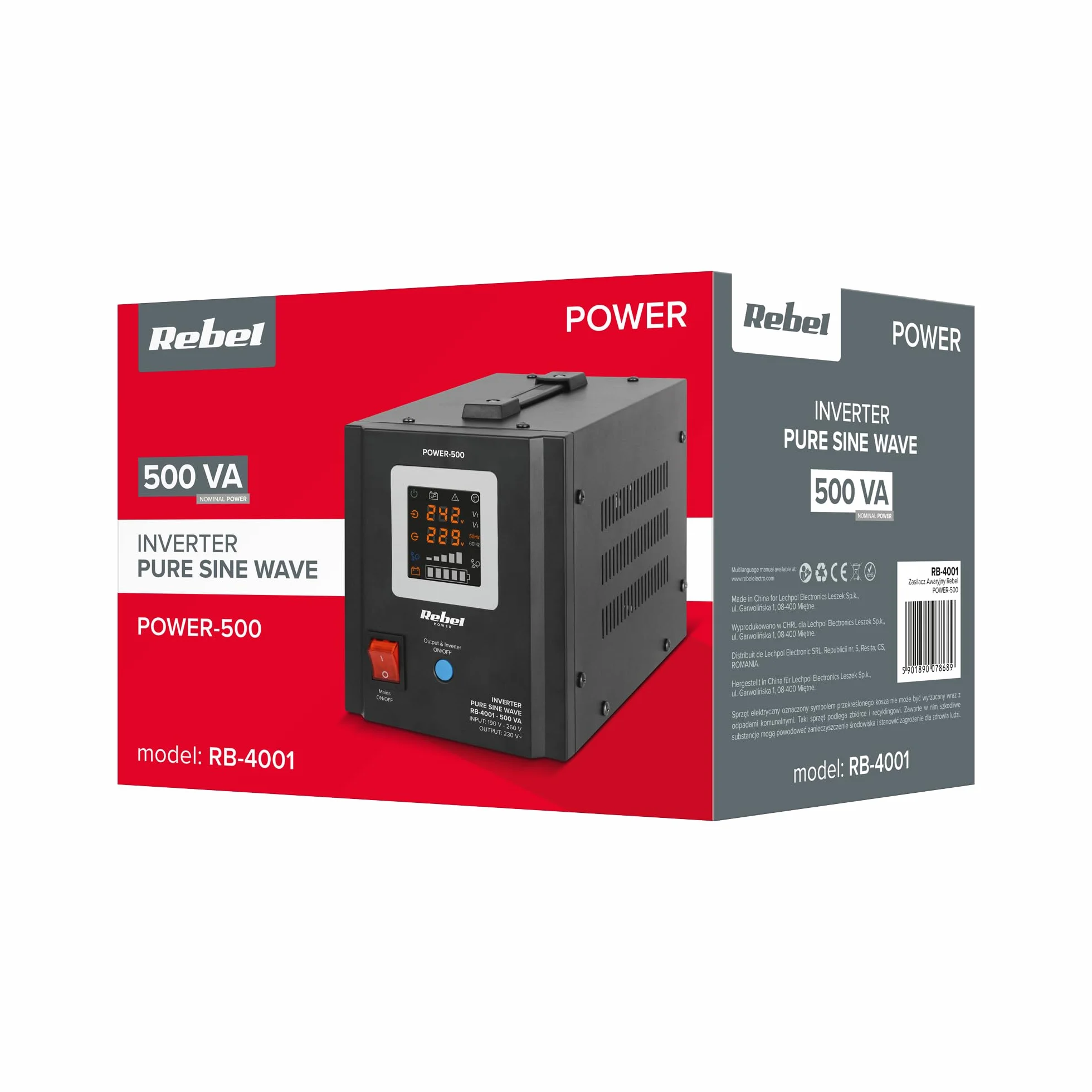Zasilacz Awaryjny Rebel POWER-500 przetwornica z czystym przebiegiem sinusoidalnym i funkcją ładowania 12V 230V 500VA/300W RB-4001