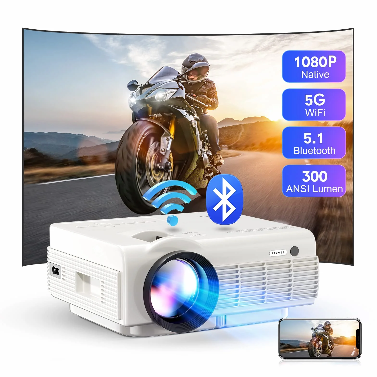 Projektor YEZMEK 5G WiFi Bluetooth Native 1080P Full HD, mini projektor LED 4K, projektor kina domowego, kompatybilny z telewizorem, smartfonem i tabletem, laptopem, HDMI, USB, TF.
