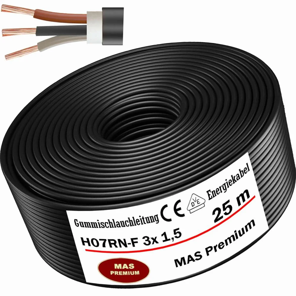 MAS Premium Wąż gumowy, 5-100 m, kabel zasilający do budowy H07RN-F 3G 1, 3G 1,5, 3G 2,5, 3G 4, 3G 6, 3G 10 lub 3 x 1,5, elastyczny przewód do ciężkich urządzeń (H07RN-F 3 x 1,5 mm², 25 m)