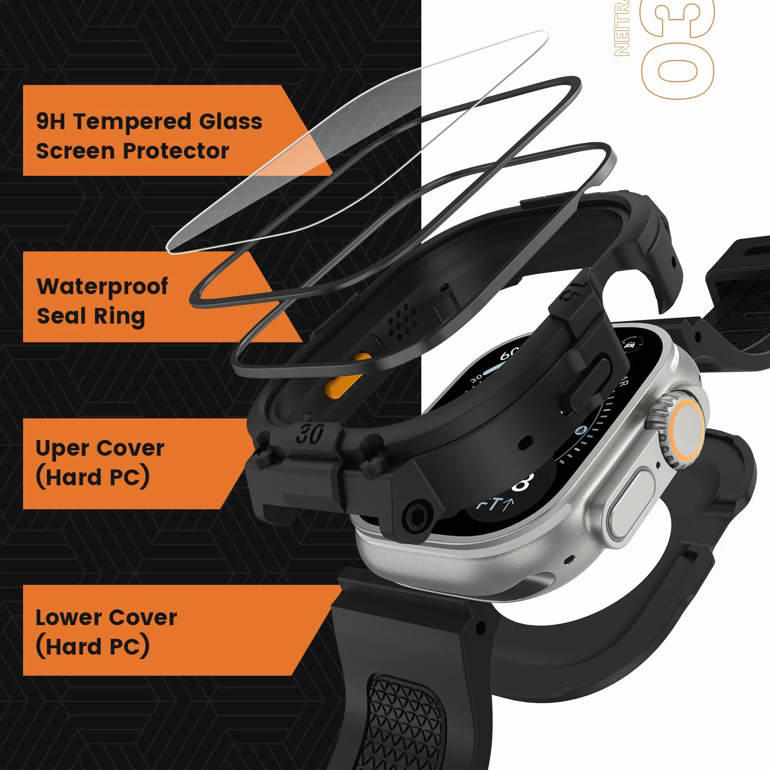 Neitra 3 w 1 360° wodoszczelne etui ochronne do Apple Watch z paskiem iWatch, wytrzymała obudowa na zderzak
