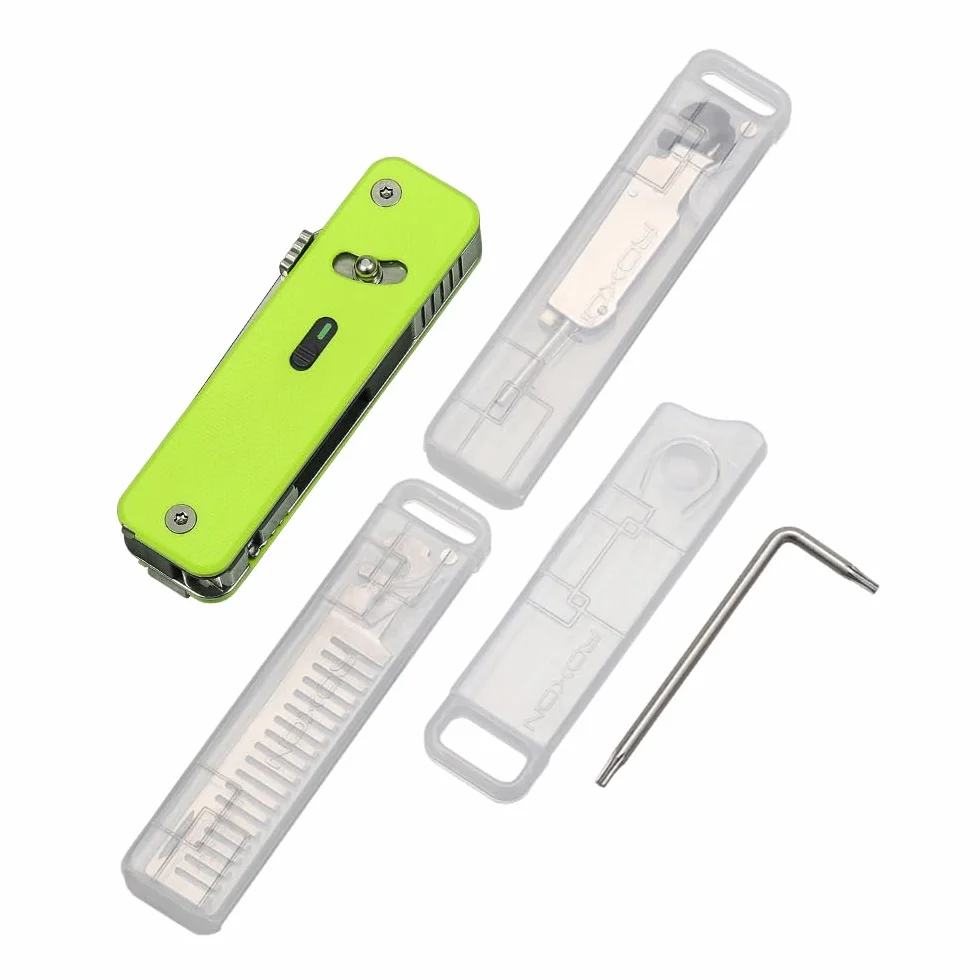 ROXON S503G Flex Companion Tool, modułowe narzędzie kieszonkowe, wstępnie zainstalowane z 8 niezbędnymi narzędziami (śrubokręt 1/4", ostrze D2, śrubokręt, piła stożkowa, nożyce itp.) (kolor neonowy)