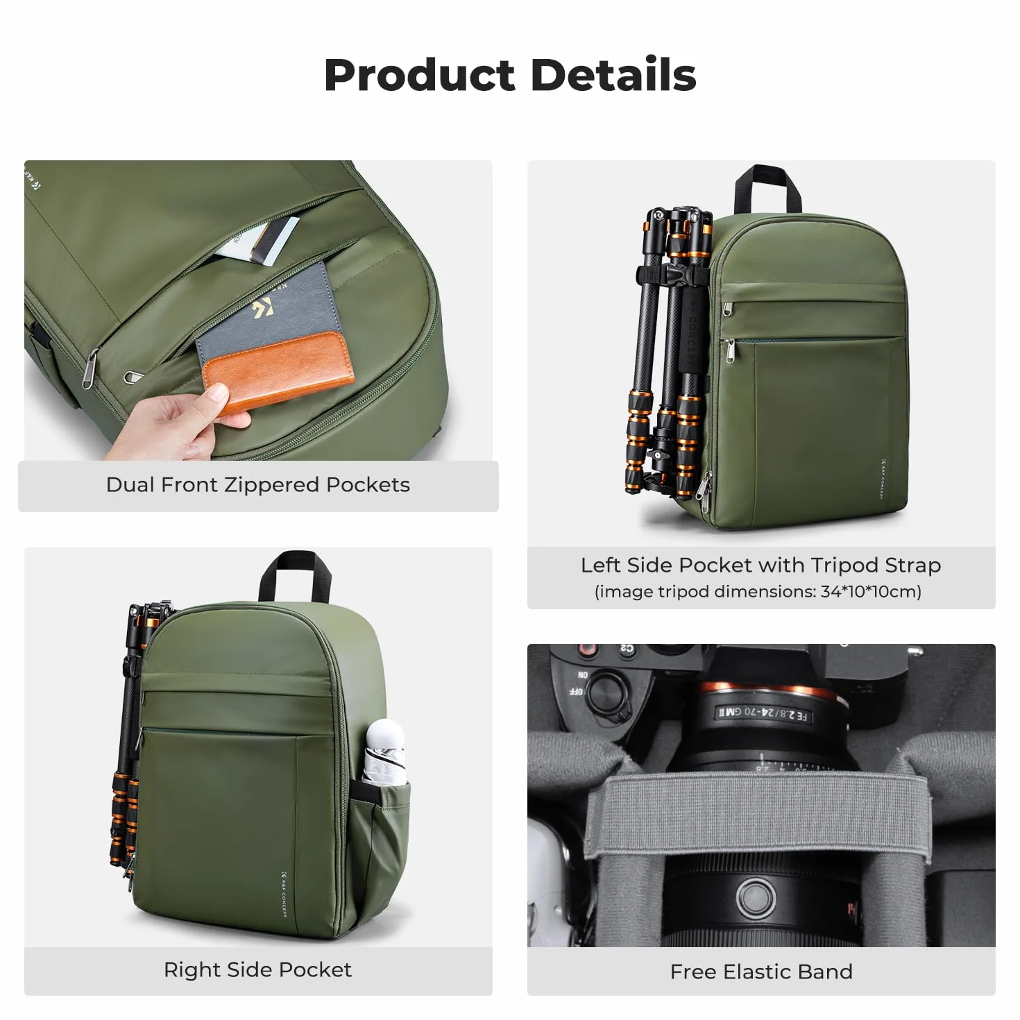 K&F CONCEPT Lekki i wodoodporny plecak na aparat 13 l do profesjonalnych zdjęć, kompatybilny z Sony Canon Nikon, w zestawie przednie kieszenie i uchwyt na statyw