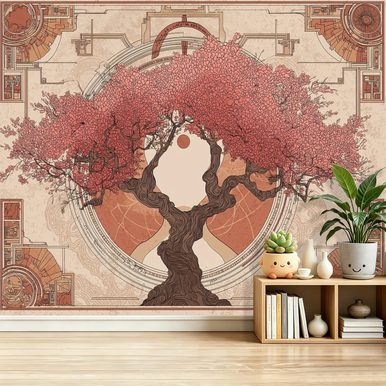 Fototapeta 400 x 280 cm ściany dekoracja salonu dorośli retro orientalne drzewo botaniczne do sypialni salonu tapeta z włókniny, kolor różowy