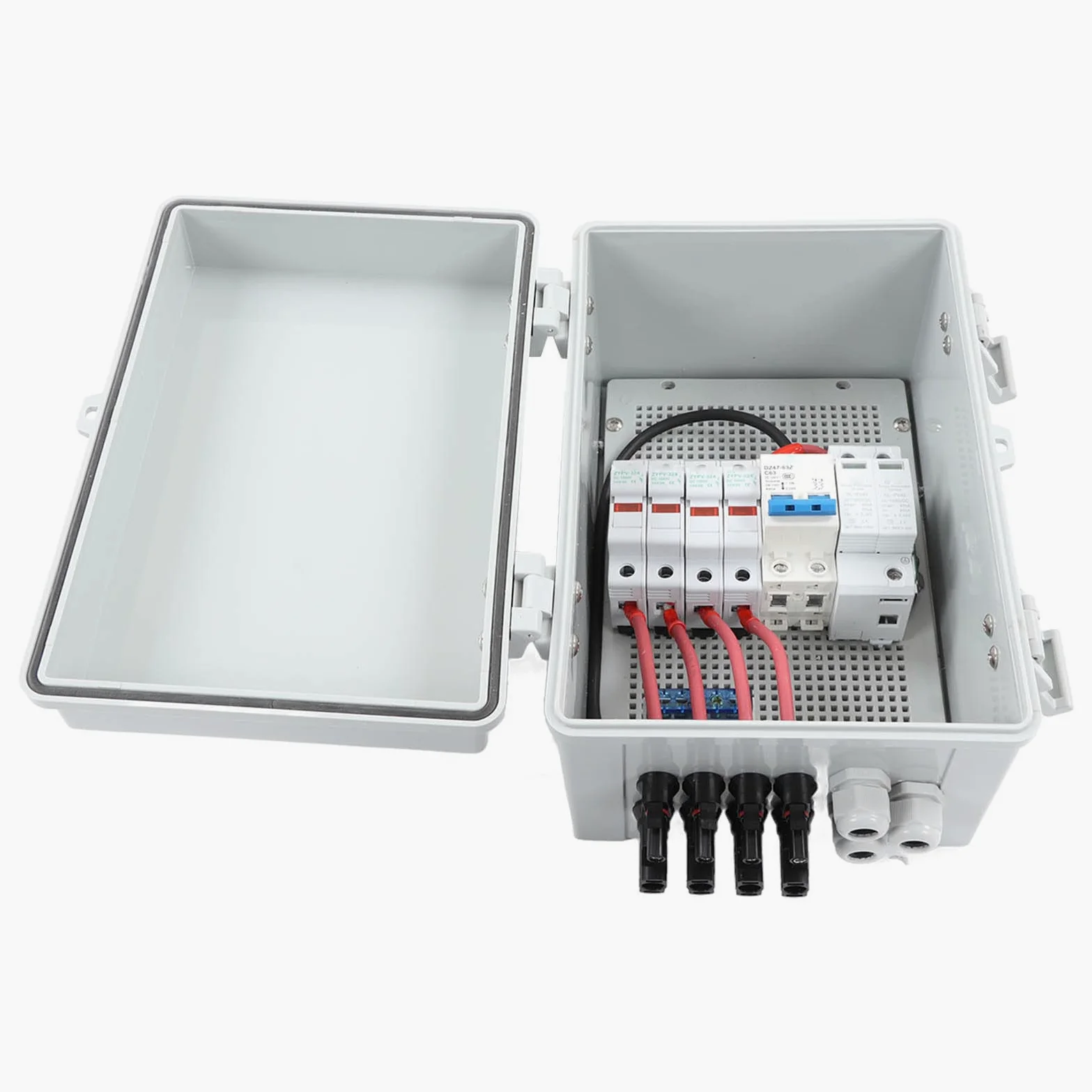 Cocoarm 4-żyłowa Skrzynka Przyłączeniowa PV, Poliwęglanowa Skrzynka Przyłączeniowa ABS DC1000V 63A IP67 z Odgromnikiem 40KA, 4 Wejścia 1 Wyjście dla Pojazdów Kempingowych Poza Siecią i Podłączonych