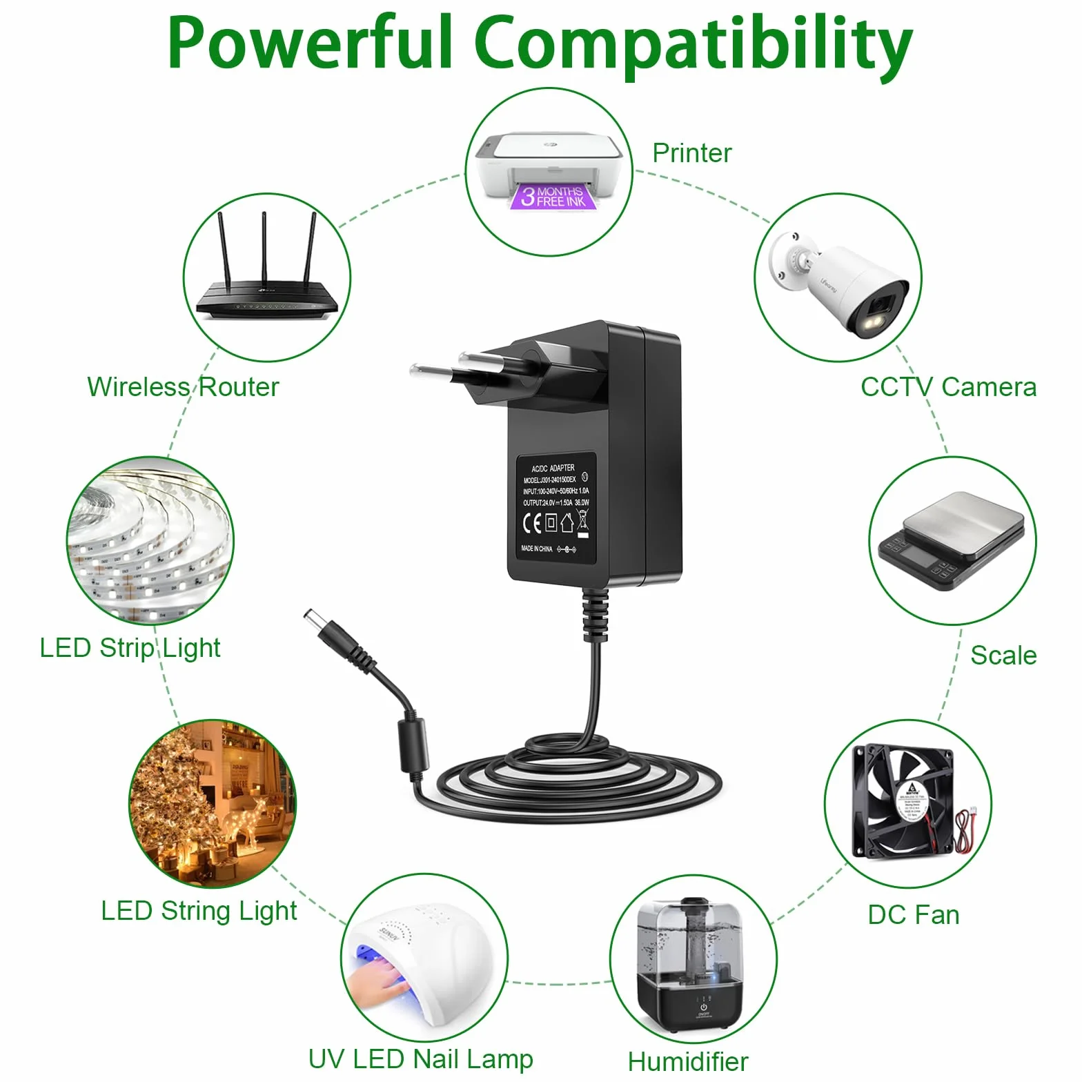 Zasilacz sieciowy 24 V, 1,5 A, 100~240 V, DC 24 V, 1,5 A, 24 VDC, 1500 mA, 1000 mA, 800 mA, 600 mA, 400 mA, 200 mA, adapter do taśm LED, kamer monitoringowych