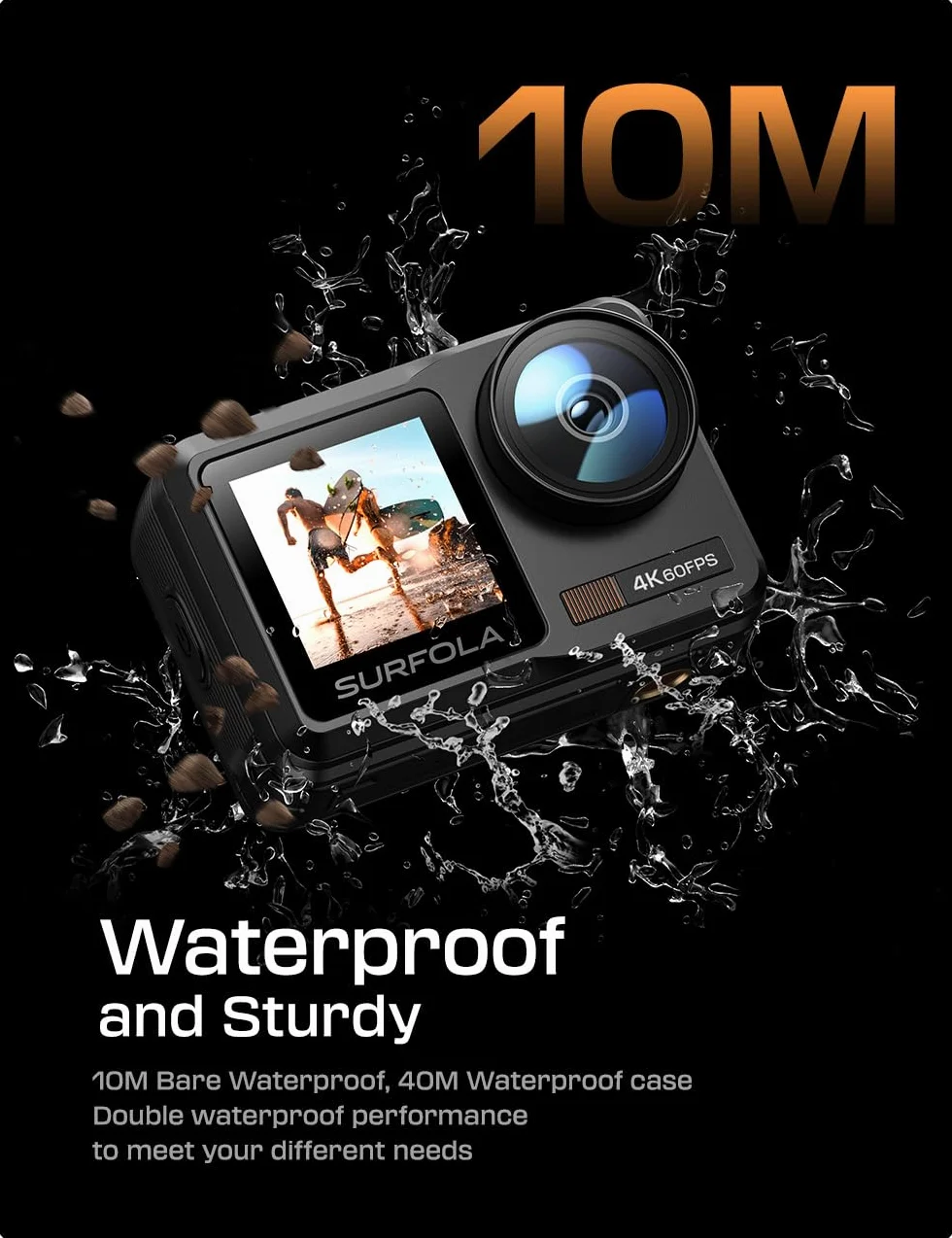 Surfola Action Cam 4K 60FPS, kamera podwodna SF630 40M Bare Metal wodoodporna 10M, WiFi, EIS na kask, kamera z podwójnym ekranem i zewnętrznym mikrofonem, 2 baterie 1350mAh i ładowarka
