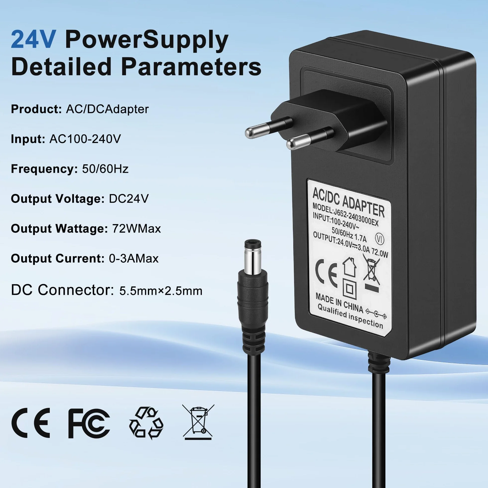 Starvortex Adapter 24V 72 W 3A, adapter AC-DC konwersja prądu zmiennego 100-240 V na prąd stały 24 V, uniwersalna ładowarka z gniazdem DC, uniwersalny adapter do taśm LED routerów