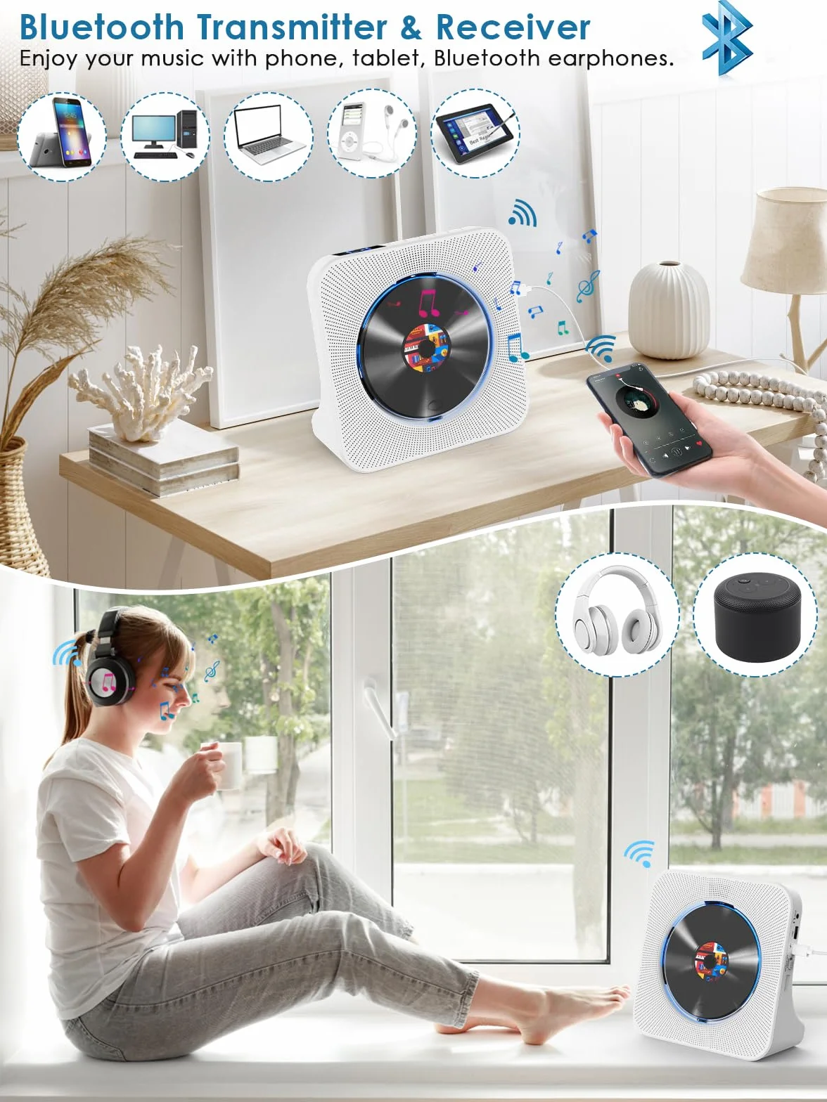 Gueray Odtwarzacz CD Bluetooth stacjonarny z radiem FM, USB-C, głośnikami HiFi i wyświetlaczem LCD