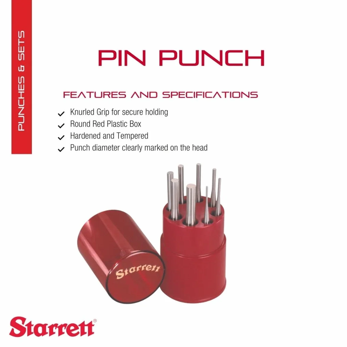 Starrett S565WB 8-częściowy zestaw wykrawaczy do zawleczek, średnica sworznia 1/16"-5/16", długość całkowita 4", w walizce z tworzywa sztucznego
