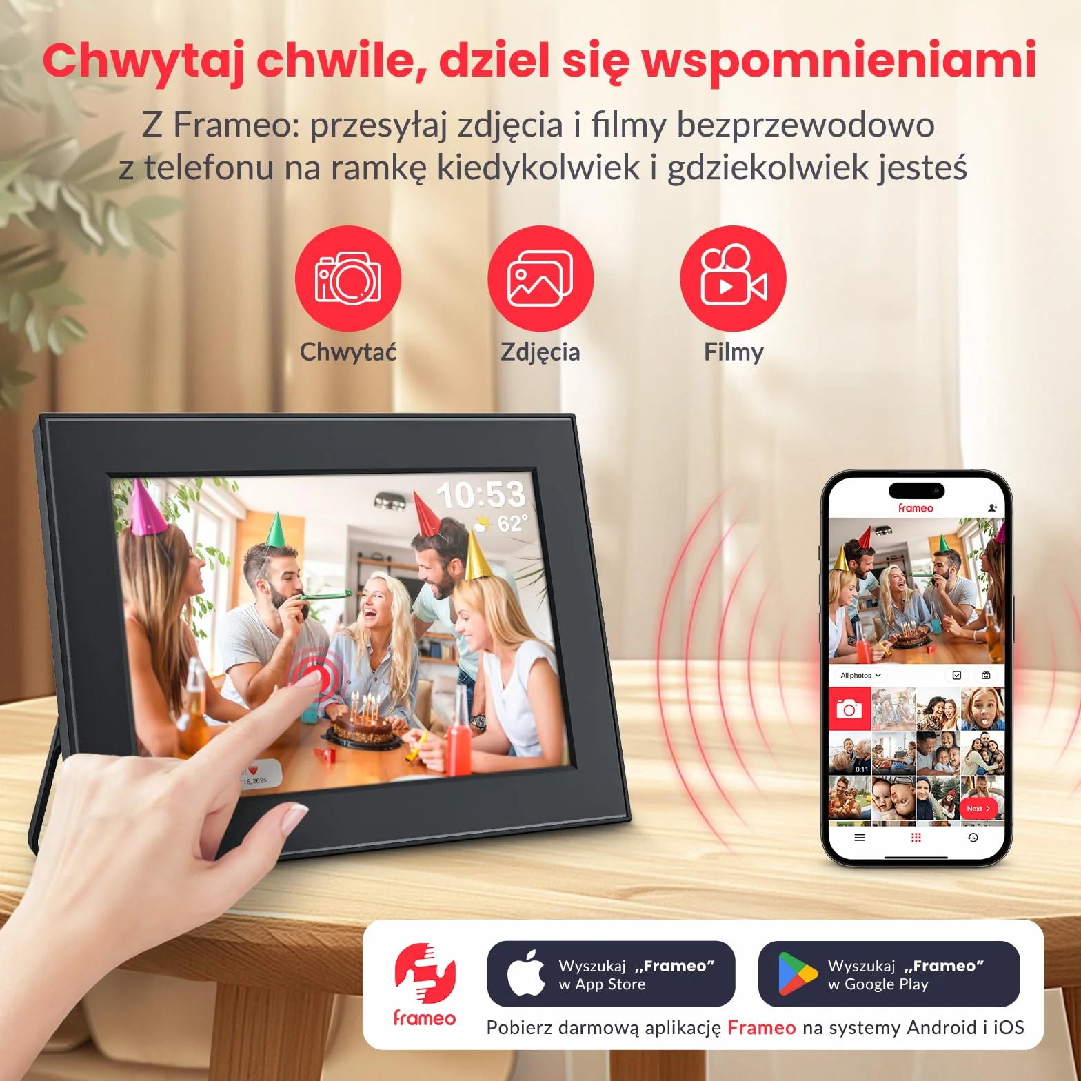 FRAMEO cyfrowa ramka na zdjęcia 32 GB, ekran dotykowy IPS 10,1", inteligentna cyfrowa ramka na zdjęcia, łatwa konfiguracja do udostępniania zdjęć lub filmów za pomocą