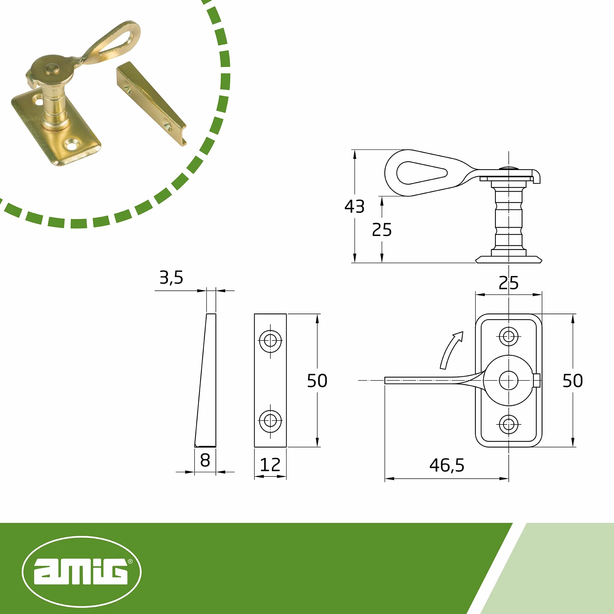 Amig - Aldabilla typu San Sebastian do okiennic Mod.12 | 50 x 25 x 25 mm | Zamknięcie wewnętrzne w celu zmniejszenia szumów i prądów powietrza | Ze stali mosiężnej | W zestawie taśmy