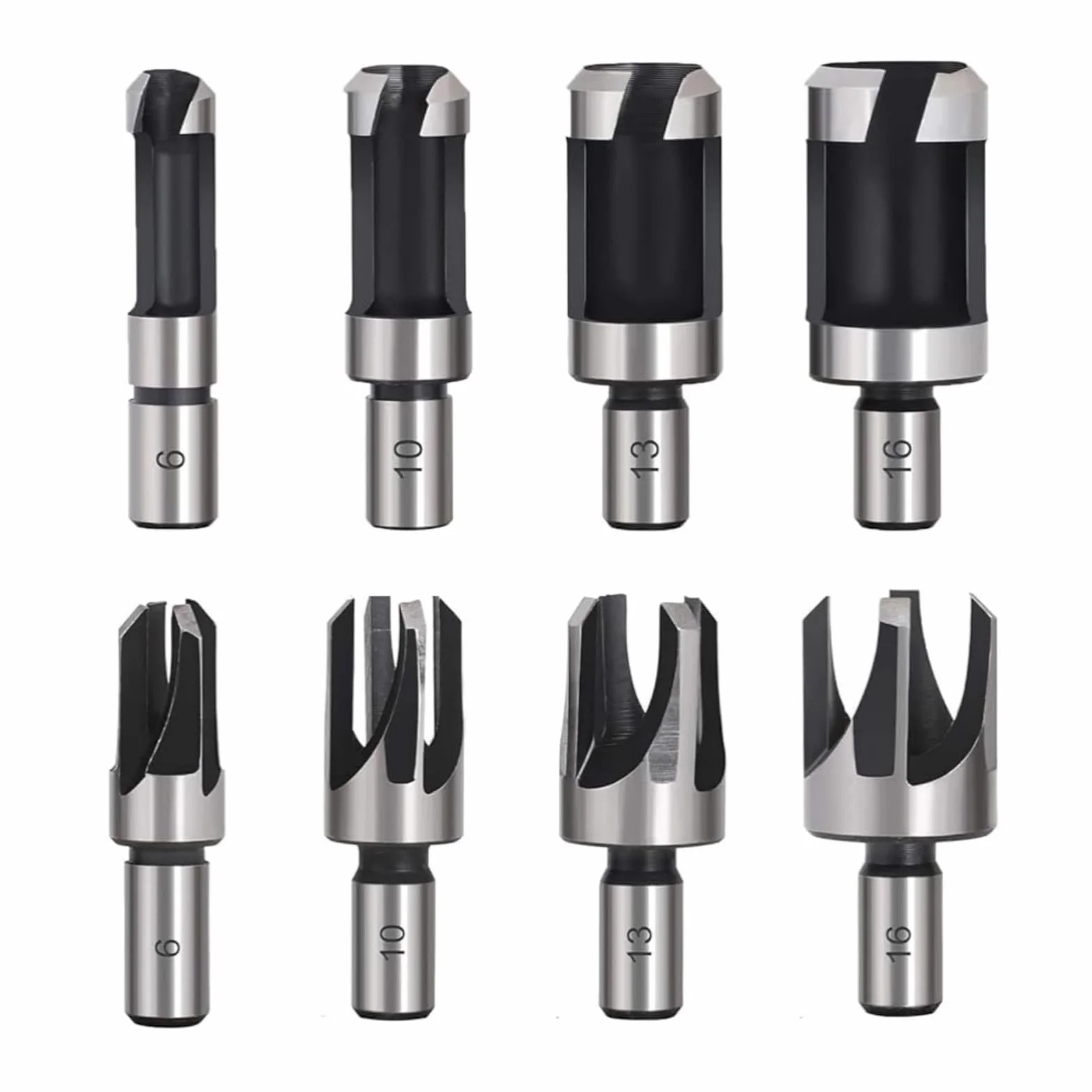 ANBOO Zestaw wierteł do drewna, 8 sztuk, ze stali węglowej, 6 mm, 10 mm, 13 mm, 16 mm, z nożem do czopów i wiertłami stożkowymi